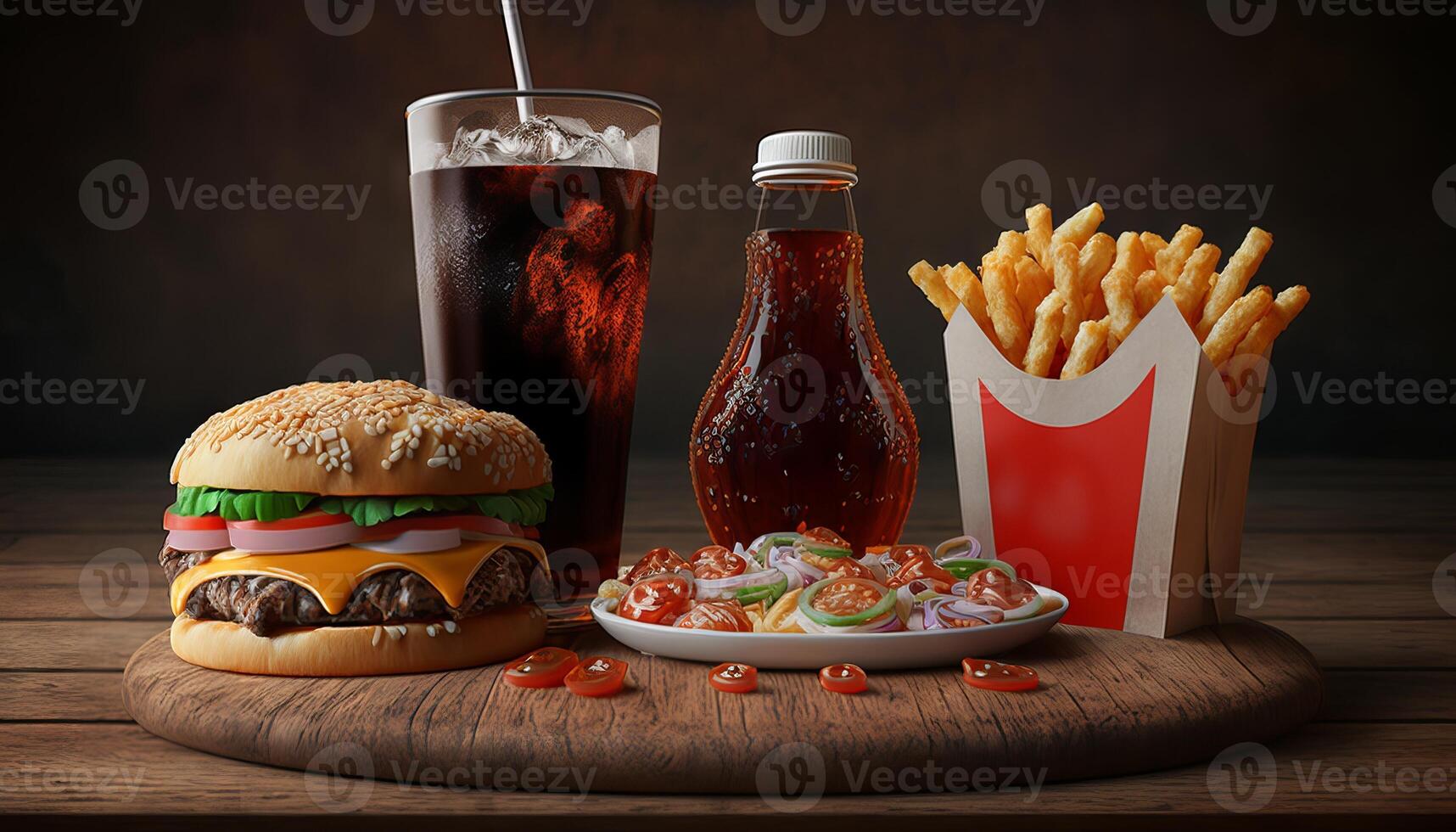 schnell Essen und ungesund Essen Konzept - - schließen oben von schnell Essen Snacks und Cola trinken auf hölzern Tisch. generativ ai foto