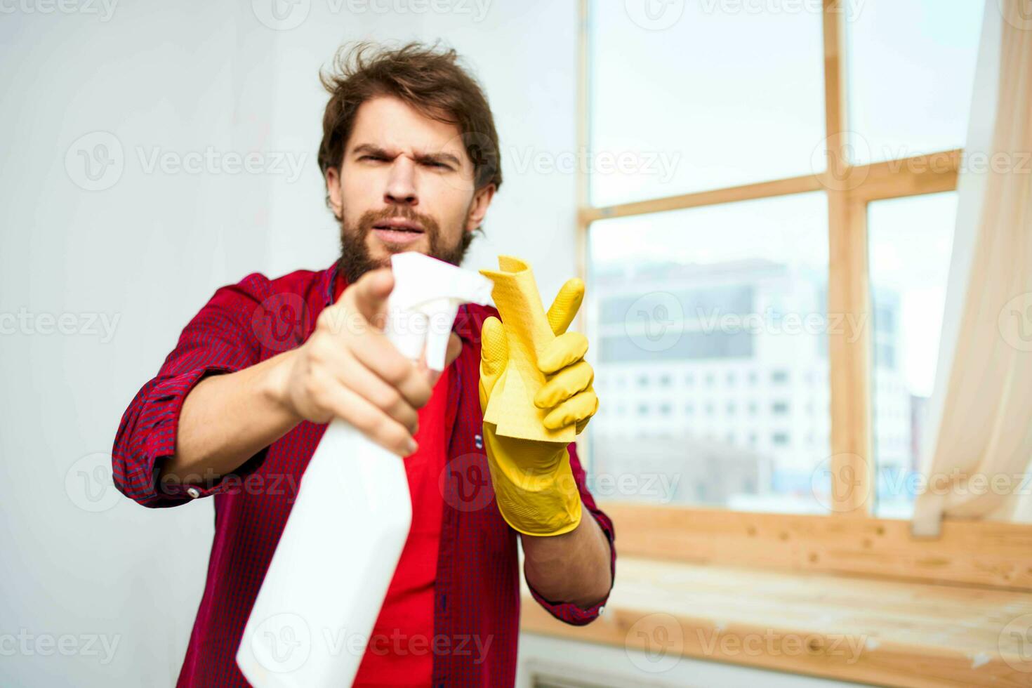 Reiniger Gummi behandschuhte Waschmittel Fenster Reinigung Lebensstil foto