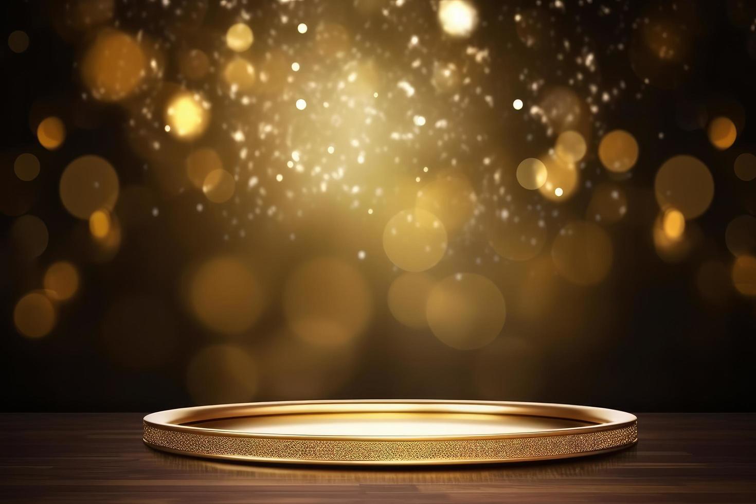 Gold Rahmen spotten oben Bühne mit Bokeh bewirken Beleuchtung Hintergrund foto