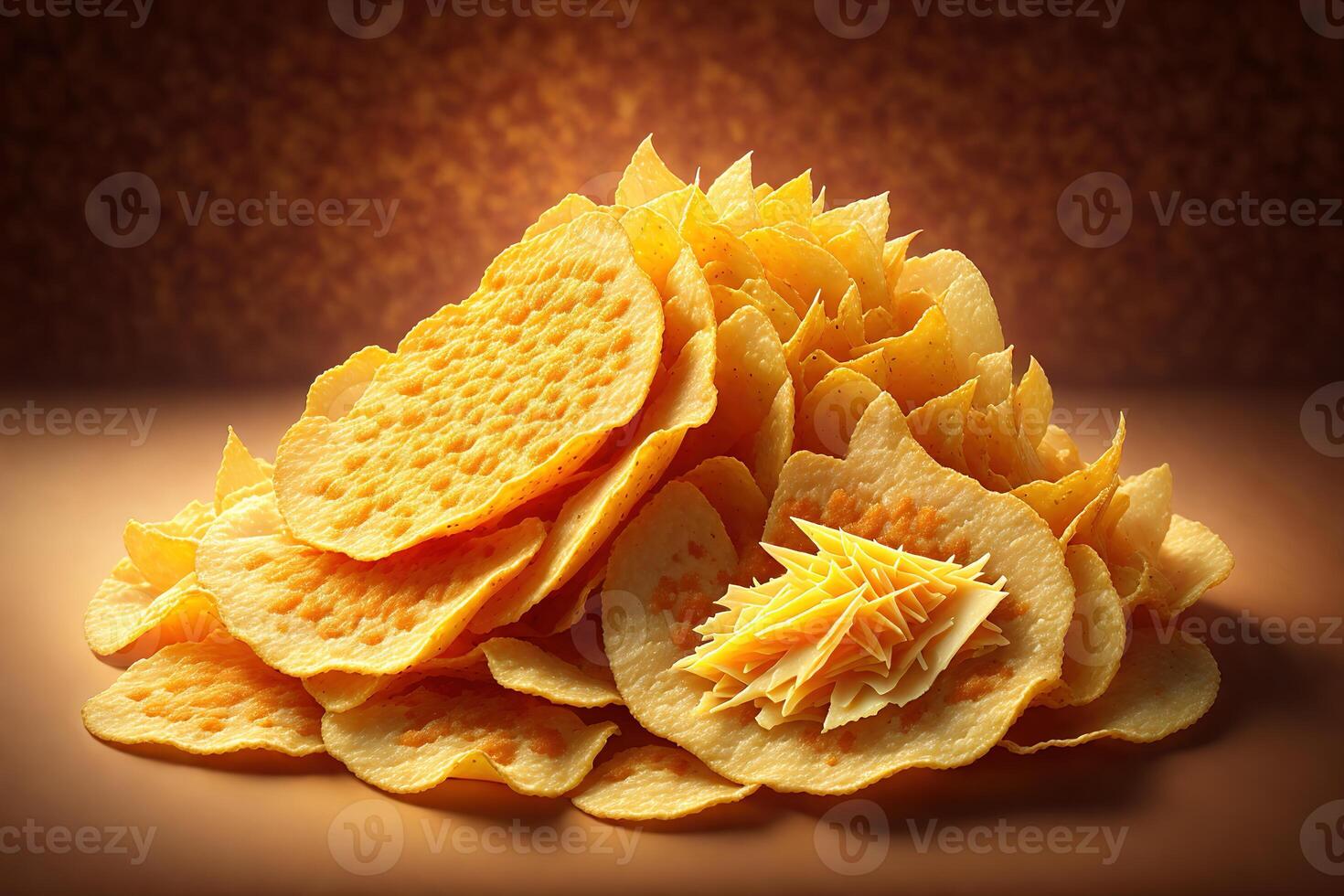 Kartoffel Chips mit Cheddar rustikal Hintergrund durch ai generiert foto