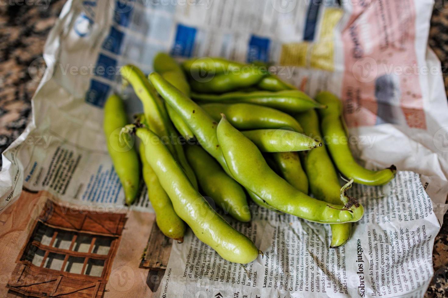 groß Grün Bohnen gesammelt im das Garten auf das Täglich Zeitung foto