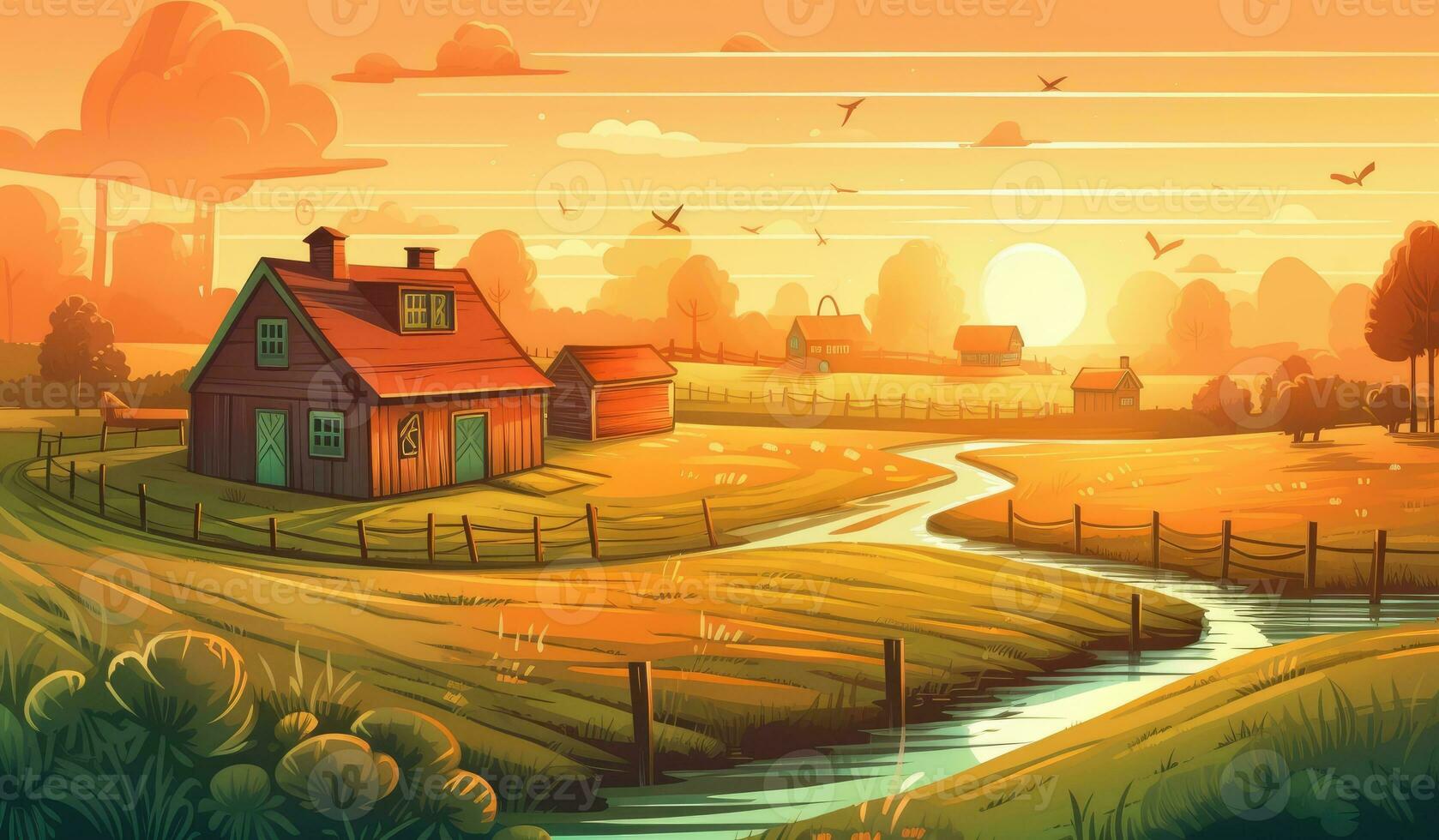 Bauernhaus im Sonnenlicht, Bauernhof Landschaft Illustration foto