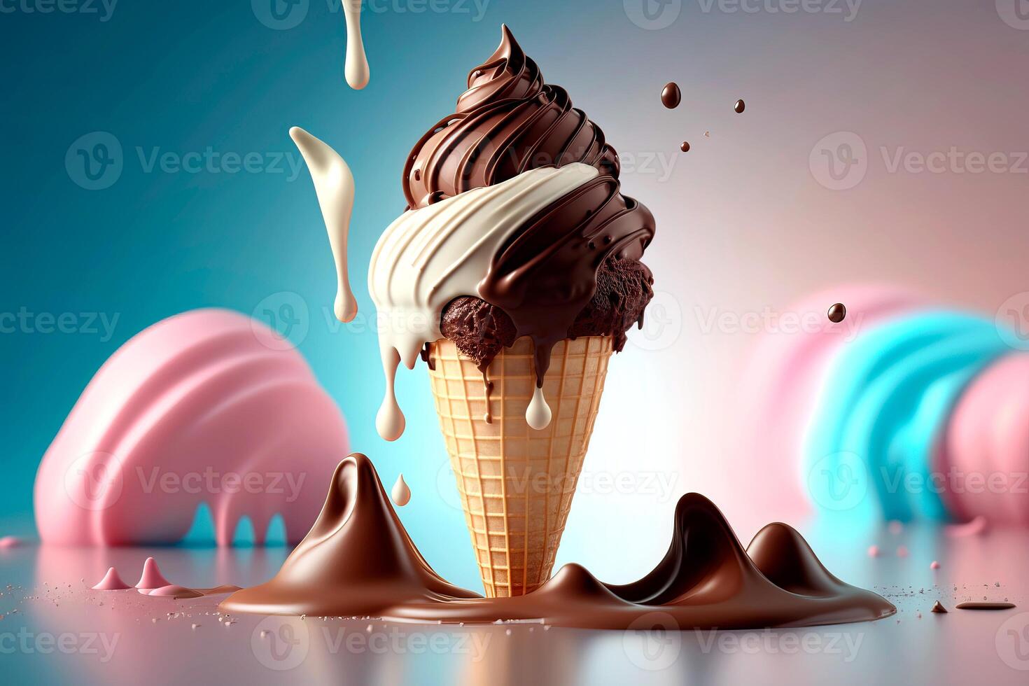 Schokolade Eis Kegel schmelzen Über Blau Hintergrund. generativ ai. foto