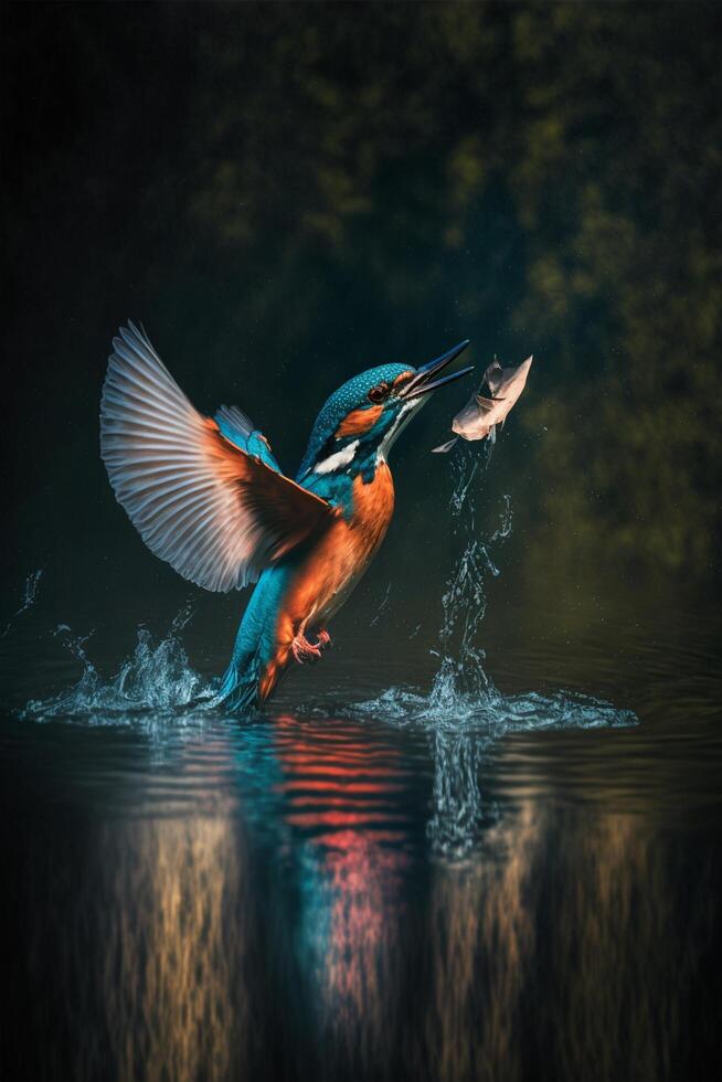 verbreitet europäisch Eisvogel Fluss Eisvogel fliegend nach entstehenden von Wasser mit gefangen Fisch Beute im Schnabel ai generativ foto