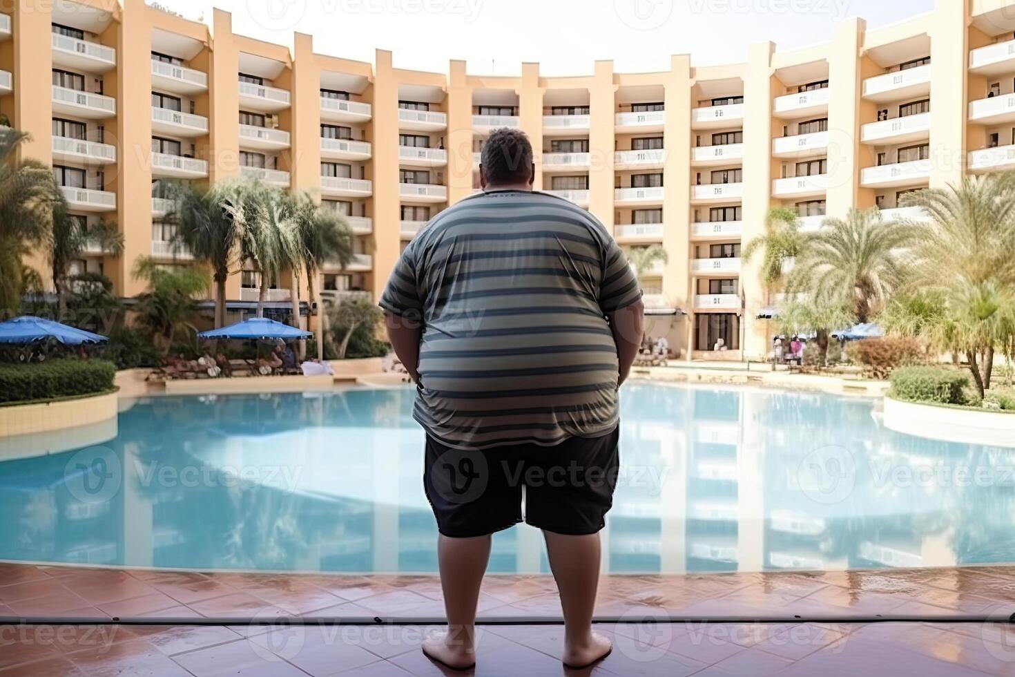 Fett Mann beim Sommer- Urlaube in der Nähe von Schwimmen Schwimmbad. Fettleibigkeit Problem. generativ ai foto