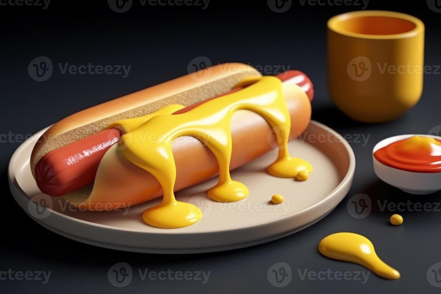 schnell Essen heiß Hund mit Würstchen und Senf generativ ai foto