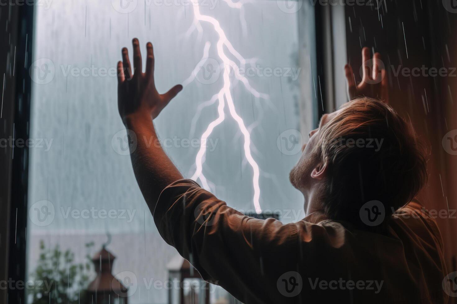 Unsterblichkeit Mann erstreckt sich seine Waffen oben während ein Blitz Gewitter generativ ai foto