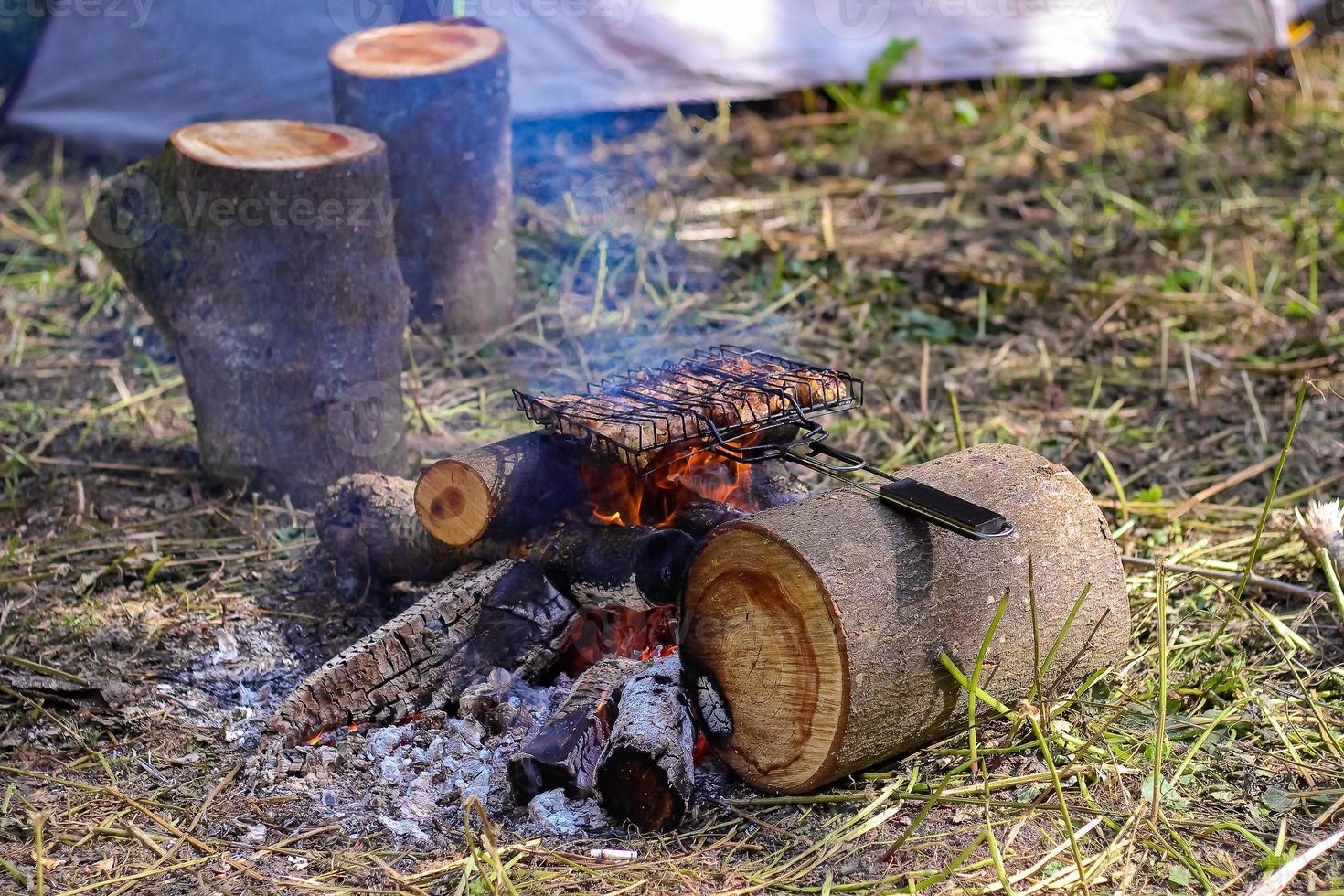 Camping, Fleisch draußen grillen foto