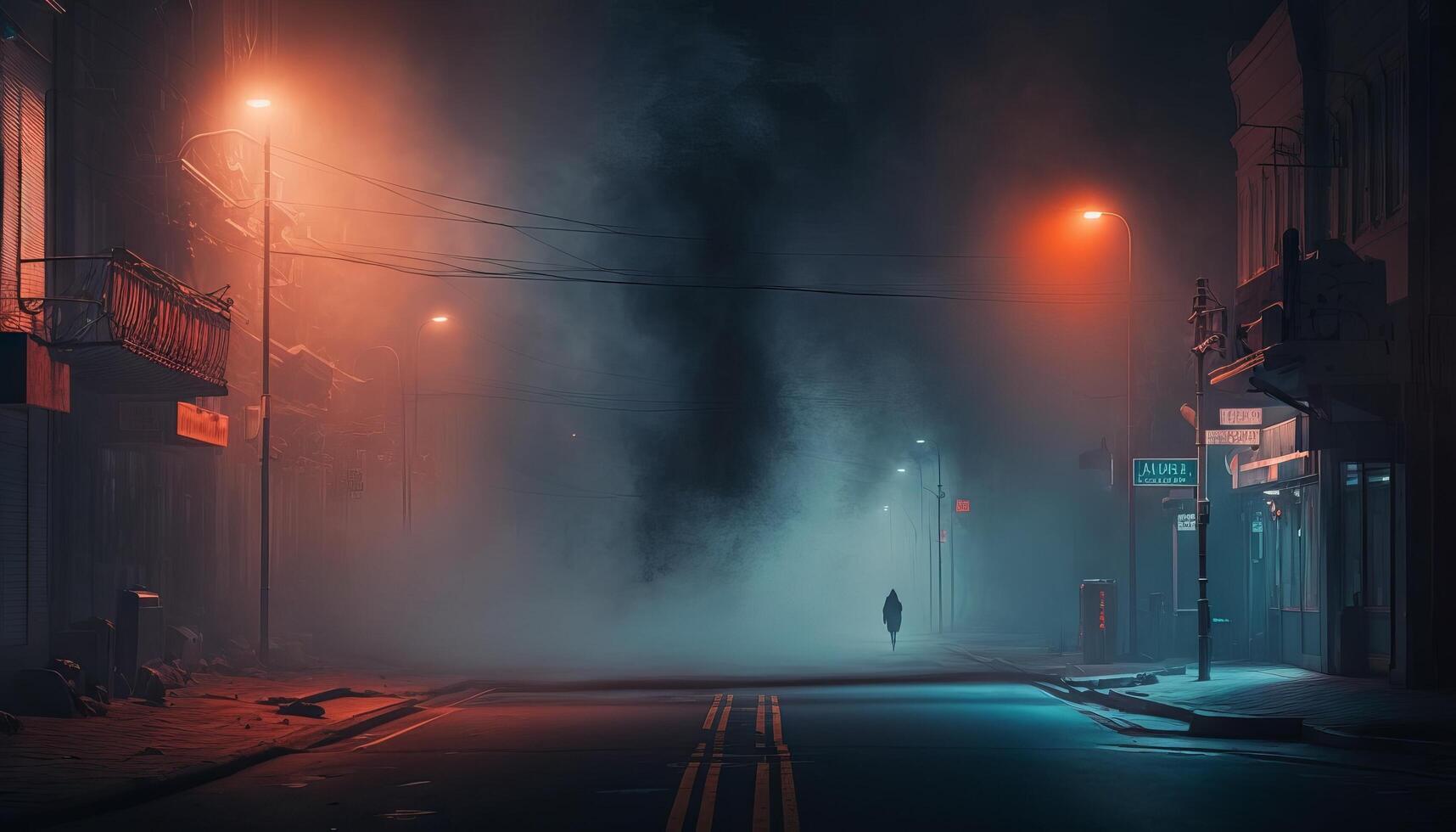 dunkel Straße, Nacht Smog und Rauch Neon- Licht. dunkel Hintergrund von das Nacht Stadt. generativ ai foto