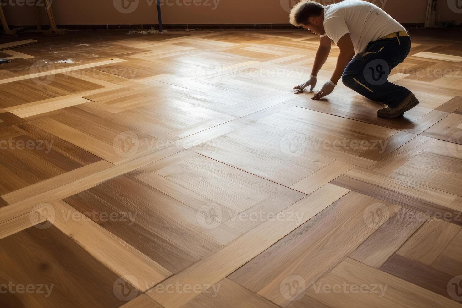 ein Handwerker Verlegung Parkett Bodenbelag erstellt mit generativ ai Technologie. foto