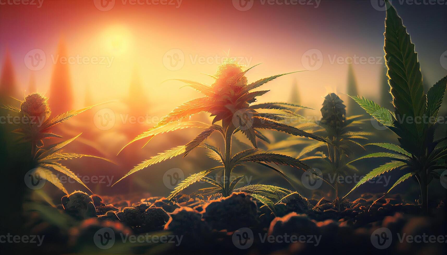 reifen Hanf Blume Cola oben mit Grün Blätter, Bauernhof und Berge im Hintergrund, organisch Cannabis Sativa weiblich Pflanze gewachsen im Oregon zum CBD, Seite Aussicht mit Landschaft. generativ ai foto