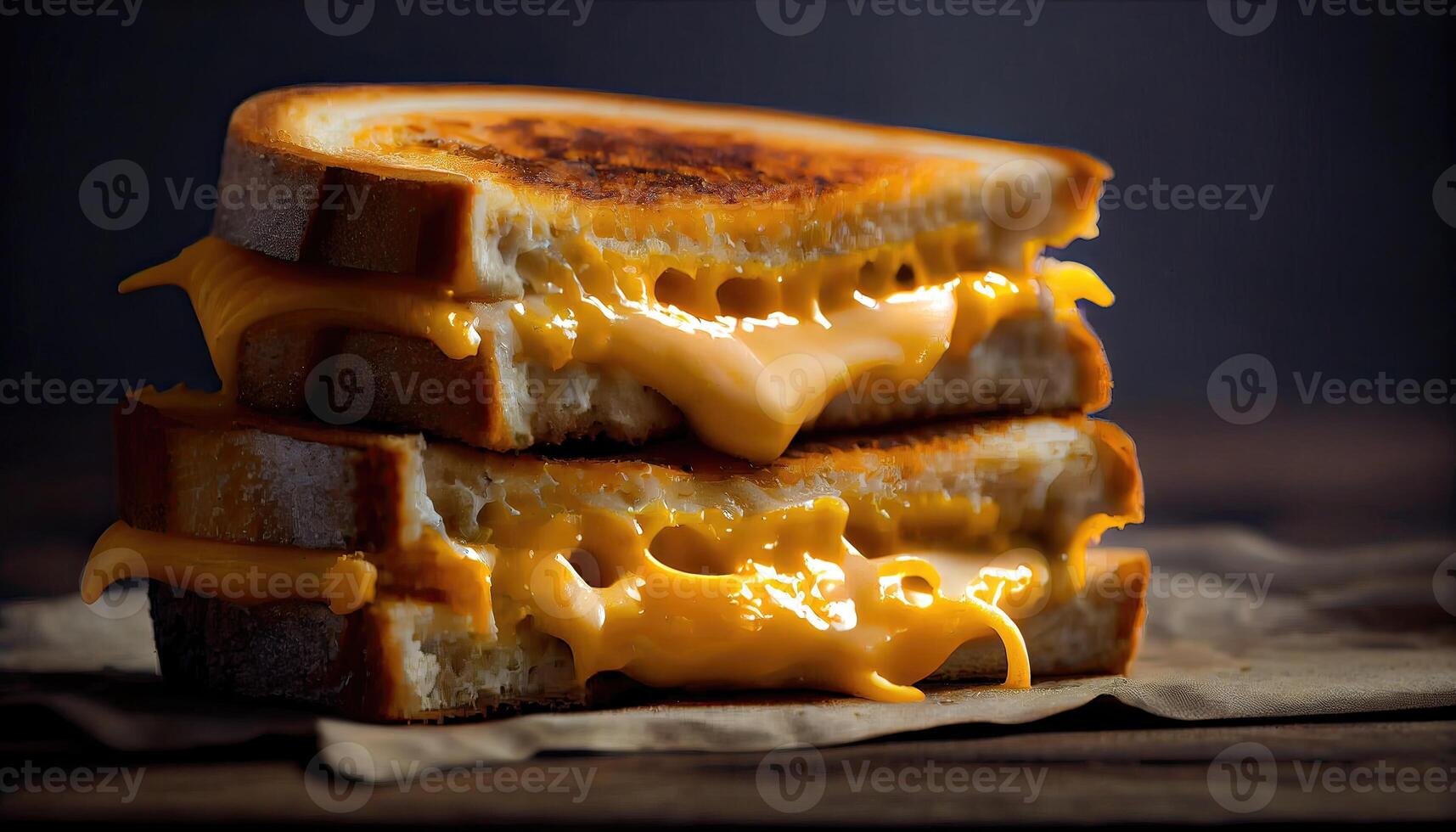 Nahansicht von ein gegrillt Käse mit geschmolzen Käse im ein Holz Platte. hausgemacht gegrillt Käse Sandwich zum Frühstück. lecker Toast Sandwiches mit Käse auf hölzern Tisch. generativ ai foto