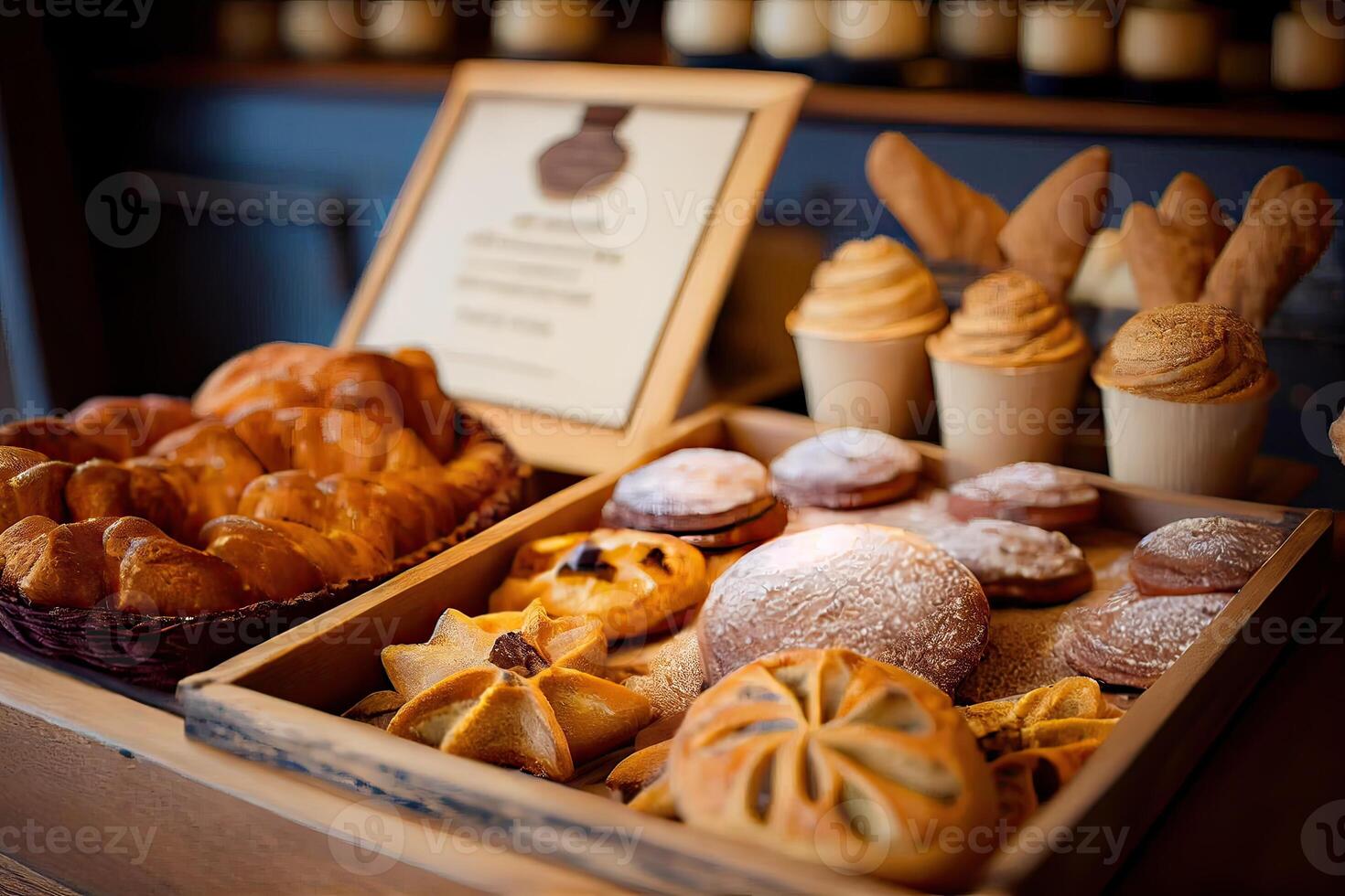 Bäckerei Innere mit Anzeige Zähler voll von lecker Brot und Gebäck. Geschäft ein Konditorei oder Bäckerei mit Croissants, Apfel Kuchen, Waffeln, und Churros. frisch gebacken Gebäck. generativ ai foto