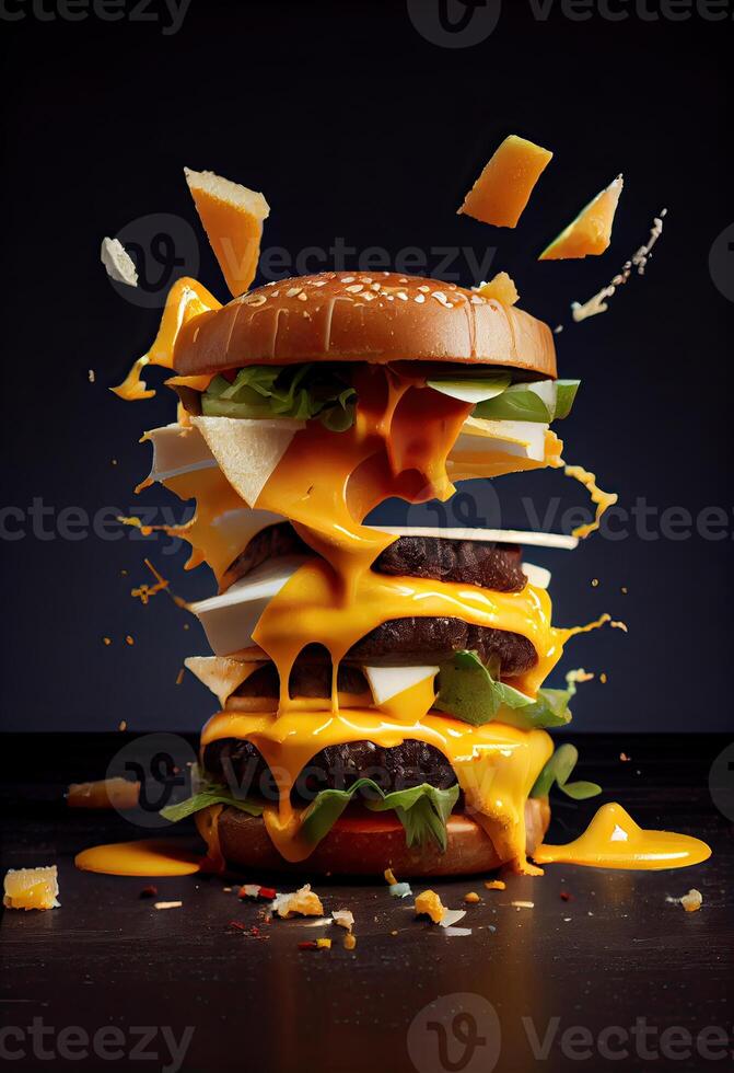 amerikanisch Lebensmittel. Burger Schichten isoliert. getrennt Burger Lagen. Hamburger Explosion. Cheeseburger fliegend Füllungen isoliert. Levitation von Burger und Käse, Fleisch, Grüner Salat. generativ ai foto