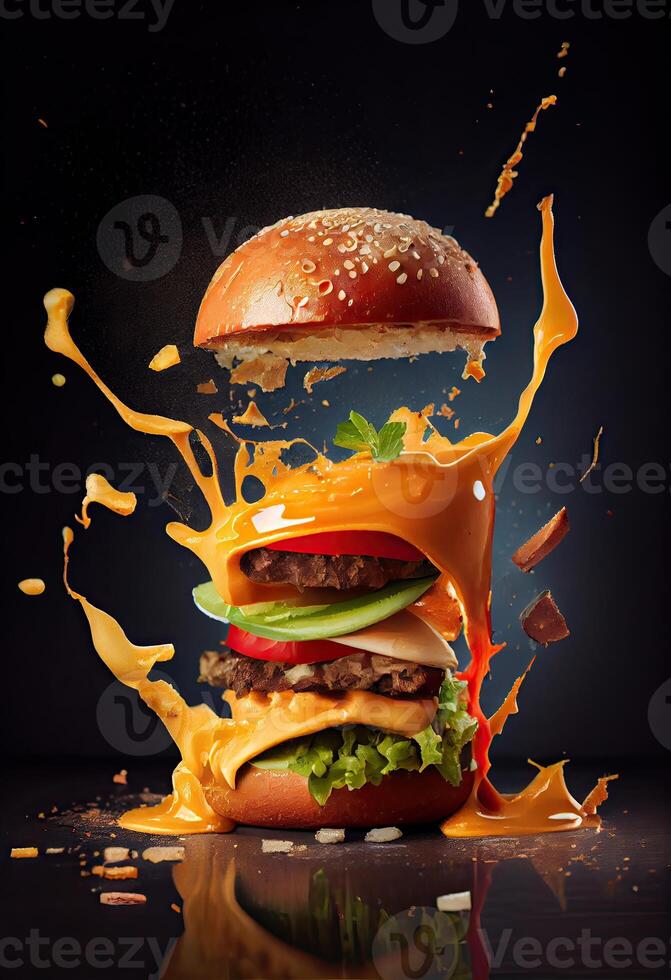 amerikanisch Lebensmittel. Burger Schichten isoliert. getrennt Burger Lagen. Hamburger Explosion. Cheeseburger fliegend Füllungen isoliert. Levitation von Burger und Käse, Fleisch, Grüner Salat. generativ ai foto