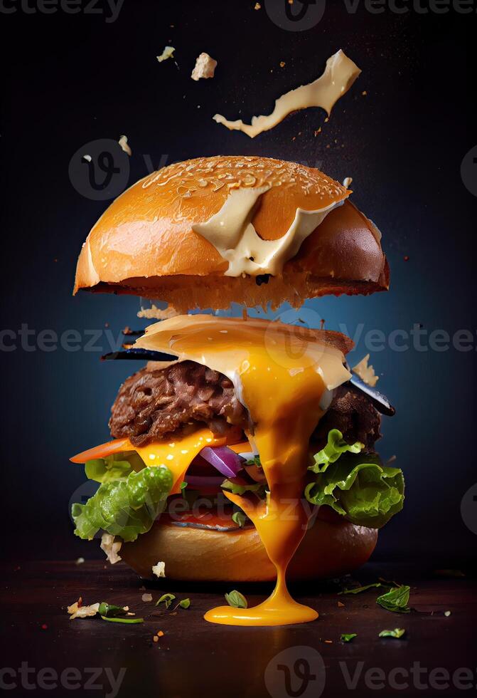 amerikanisch Lebensmittel. Burger Schichten isoliert. getrennt Burger Lagen. Hamburger Explosion. Cheeseburger fliegend Füllungen isoliert. Levitation von Burger und Käse, Fleisch, Grüner Salat. generativ ai foto