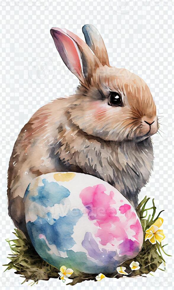 Hase und Ostern Eier. wenig Hase im Korb mit dekoriert Eier - - Ostern Karte. Konzept von Ostern Ei Illustration. generativ ai foto