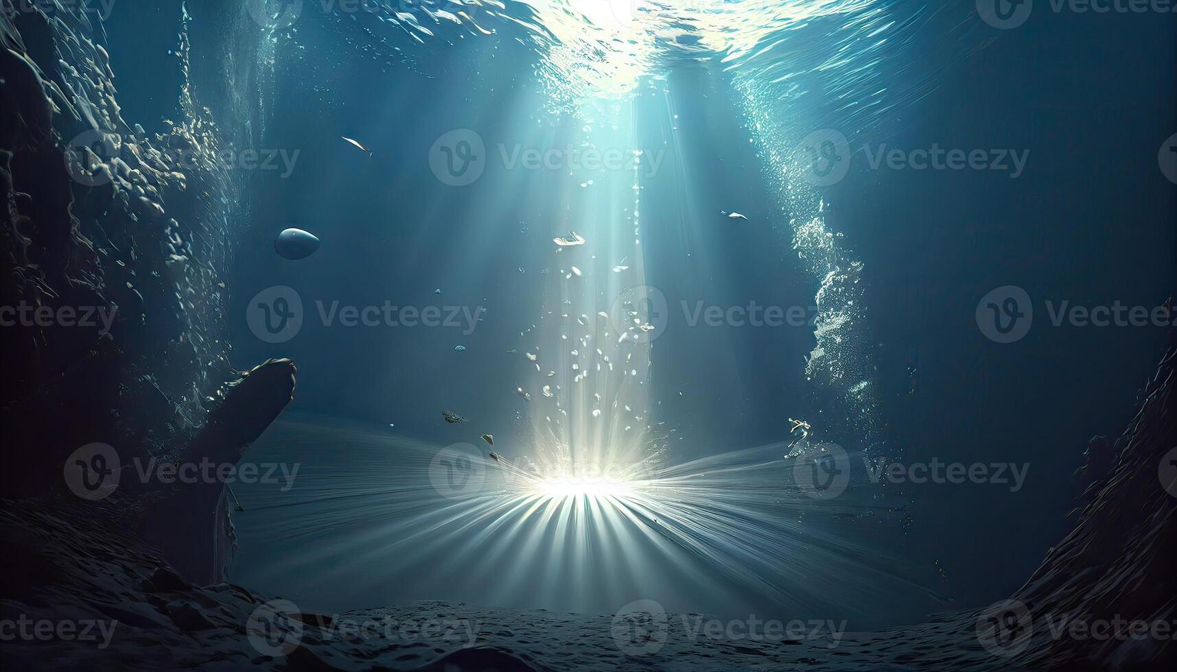 Sommer- Zeit unter Meer Ozean im sauber und klar Wasser mit Strahl von Sonnenlicht von Oberfläche zum Hintergrund Konzept Design. generativ ai foto