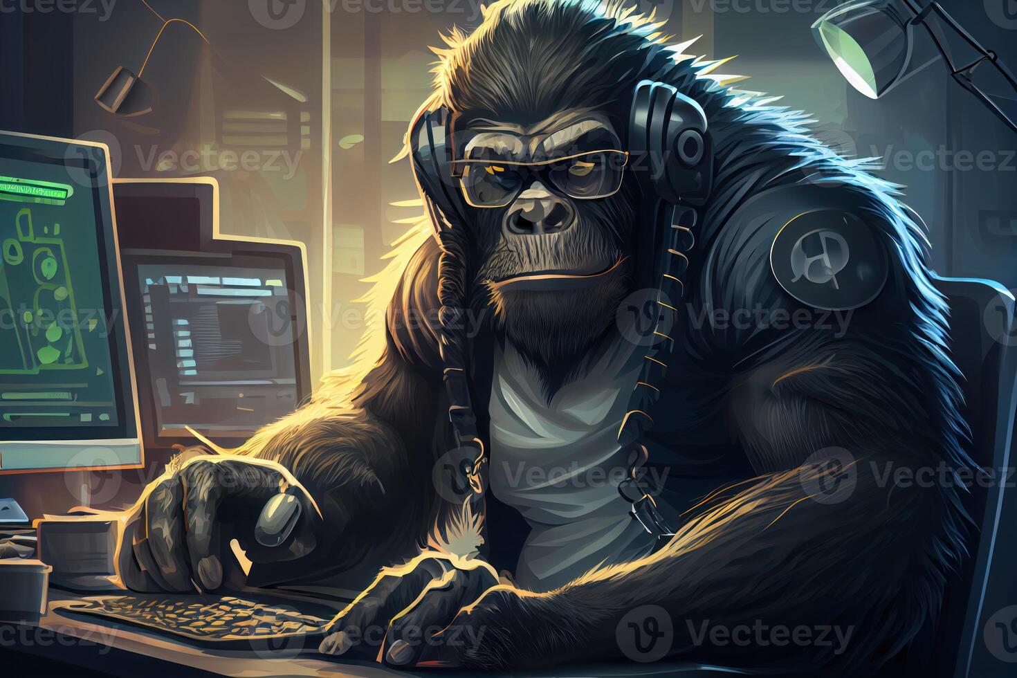 Hacker Gorilla Arbeiten Job Beruf Illustration. ai generiert foto