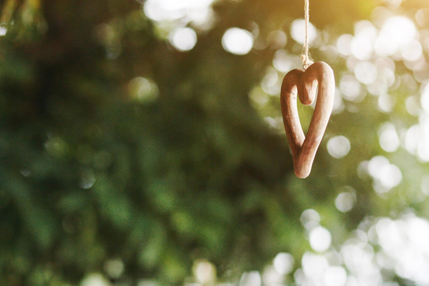 gestalten hölzern Herz hängend auf Decke schmücken im Hochzeit Zeremonie. Valentinstag Tag Konzept foto