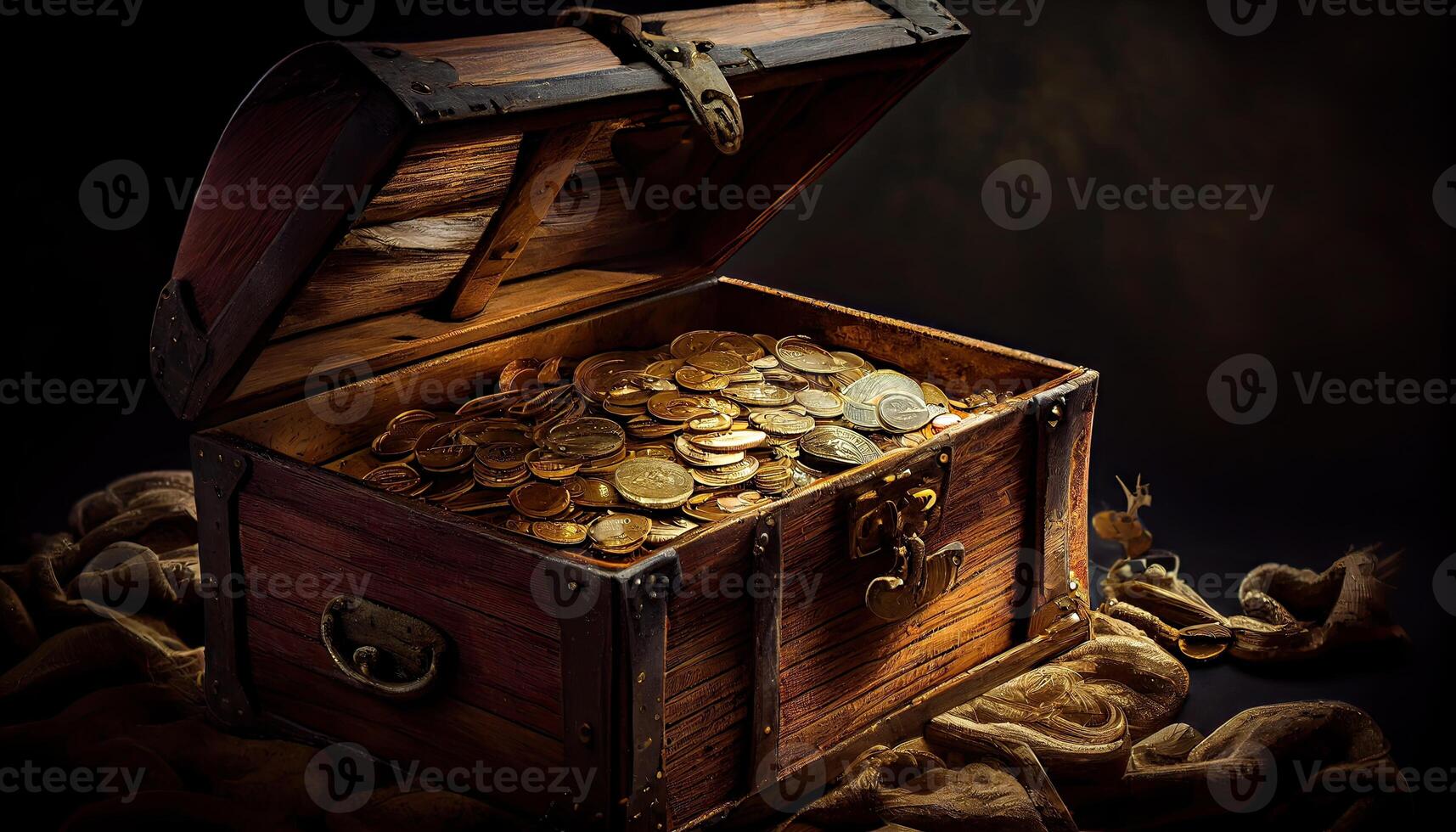 öffnen Schatz Truhe gefüllt mit Gold Münzen. öffnen Schatz Truhe gefüllt mit Gold Münzen. generativ ai foto