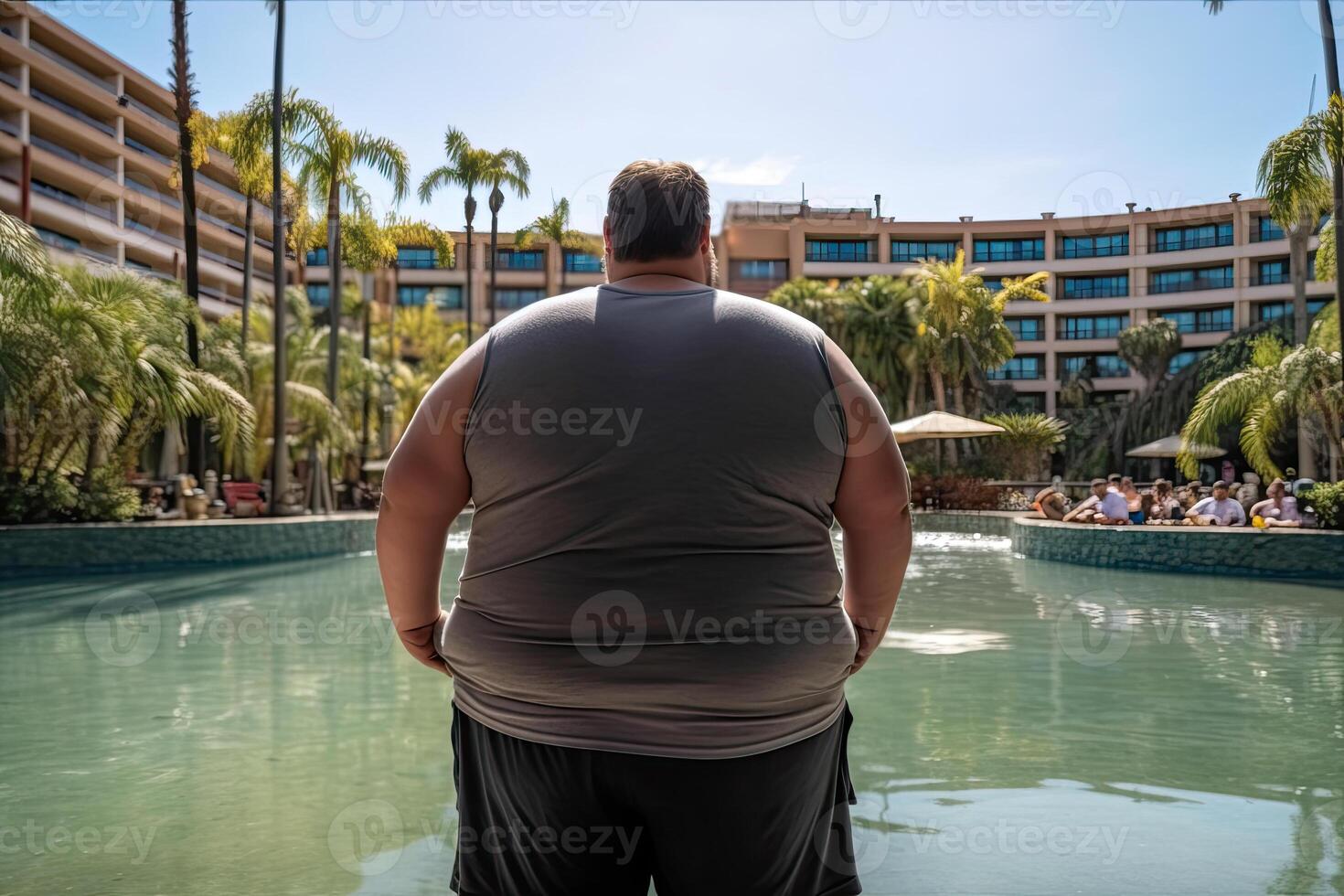 Fett Mann beim Sommer- Urlaube in der Nähe von Schwimmen Schwimmbad. Fettleibigkeit Problem. generativ ai foto