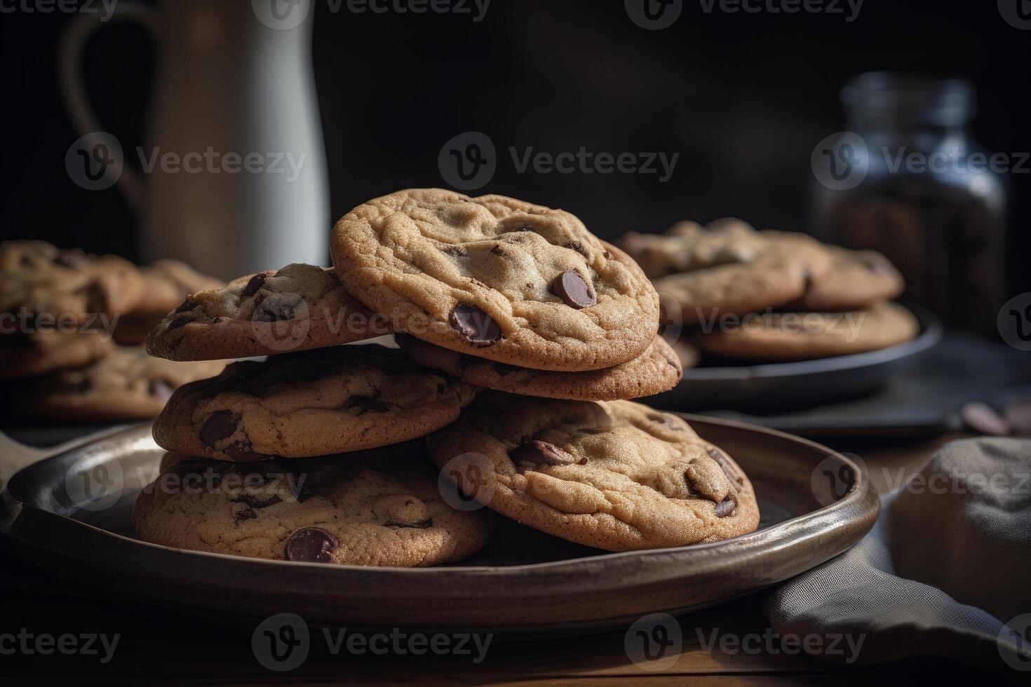 Sanft Farbtöne von das Schokolade Chip Kekse auf ein Teller generativ ai foto