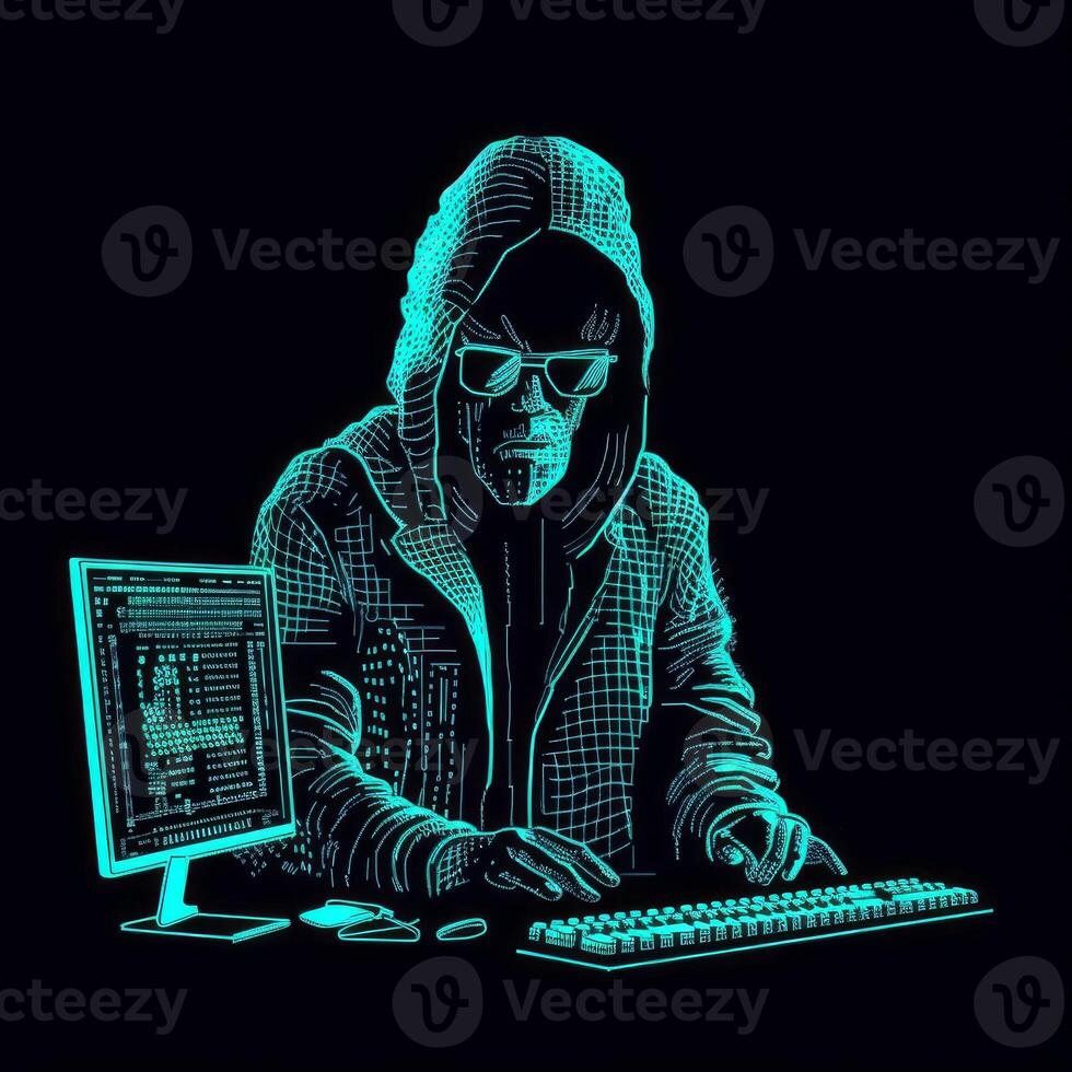 Computer Hacker ASCII Stil Karikatur Neon- generativ ai foto