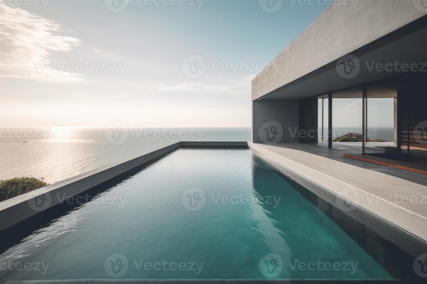 ein Luxus Haus mit Schwimmbad beim das Strand Aussicht generativ ai foto