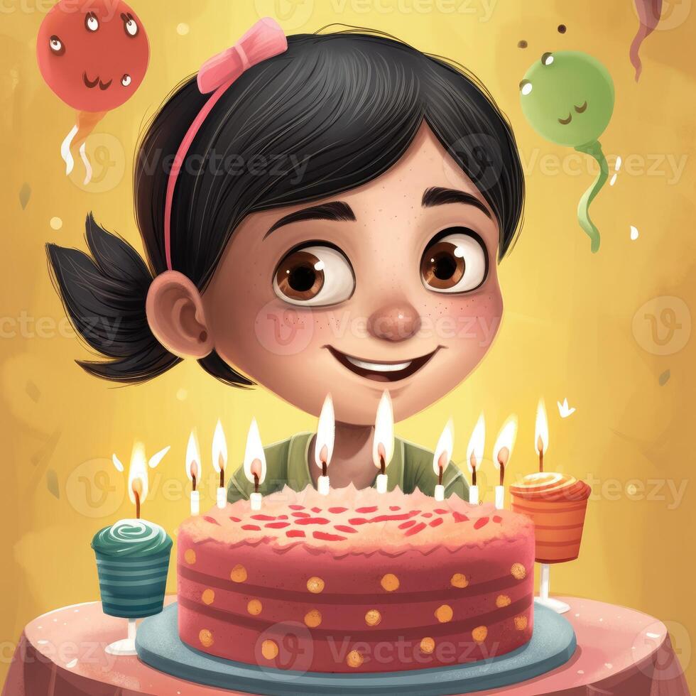 ein Mädchen ist halten ein Kuchen während feiern ein Geburtstag, Karikatur Illustration mit generativ ai foto