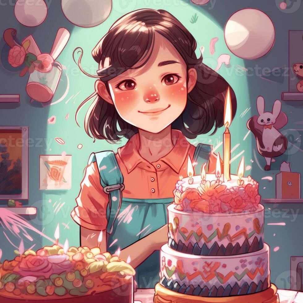 ein Mädchen ist halten ein Kuchen während feiern ein Geburtstag, Karikatur Illustration mit generativ ai foto