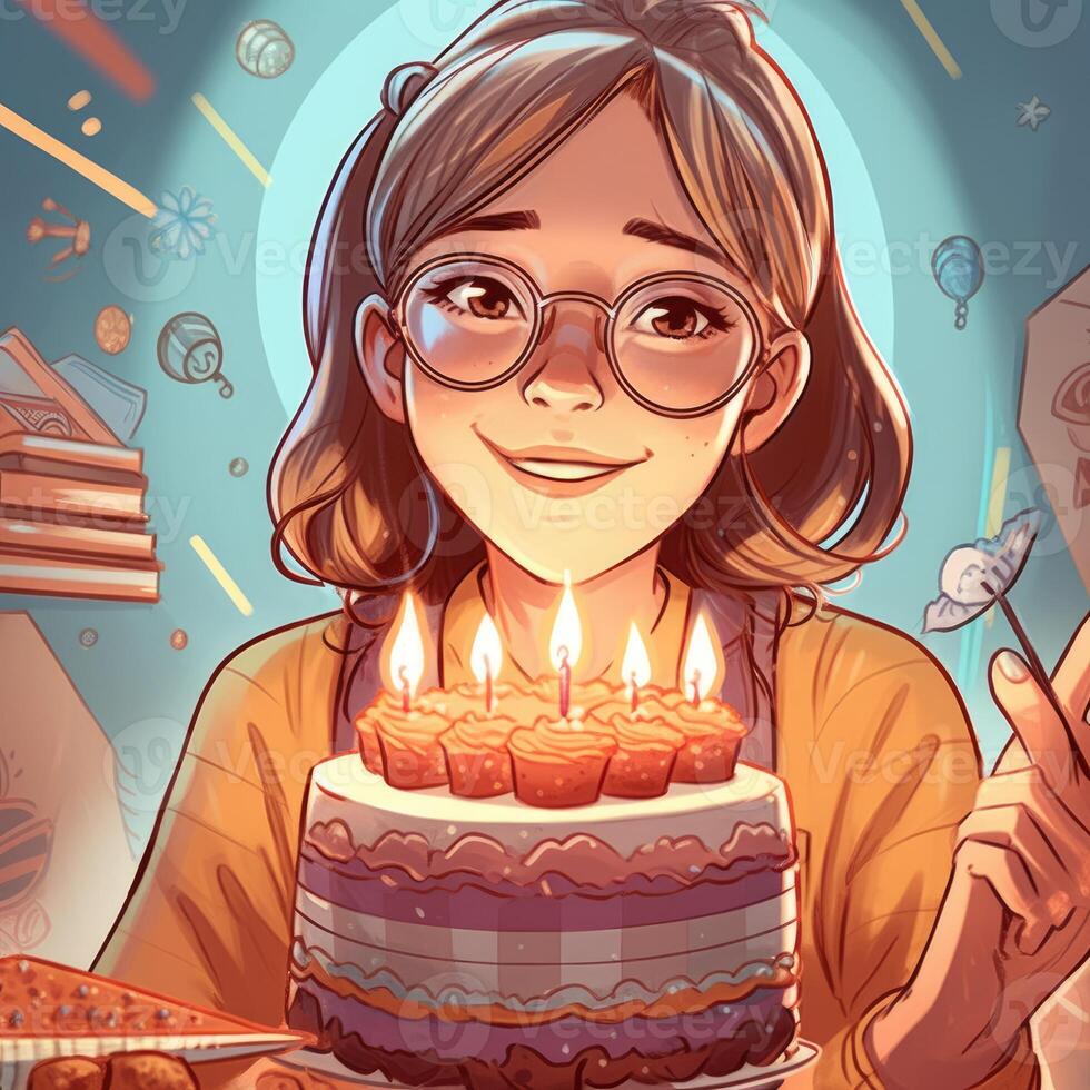 ein Mädchen ist halten ein Kuchen während feiern ein Geburtstag, Karikatur Illustration mit generativ ai foto