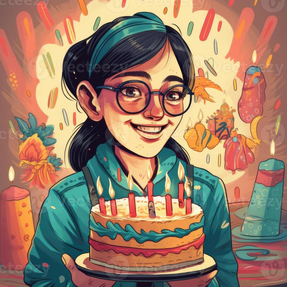 ein Mädchen ist halten ein Kuchen während feiern ein Geburtstag, Karikatur Illustration mit generativ ai foto