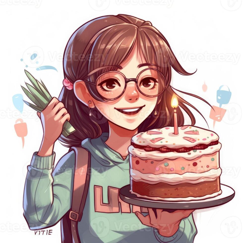 ein Mädchen ist halten ein Kuchen während feiern ein Geburtstag, Karikatur Illustration mit generativ ai foto