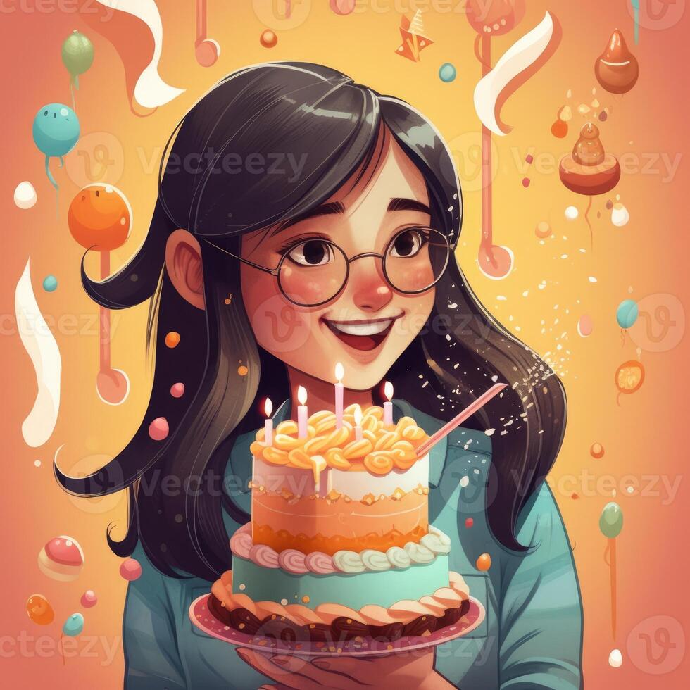 ein Mädchen ist halten ein Kuchen während feiern ein Geburtstag, Karikatur Illustration mit generativ ai foto