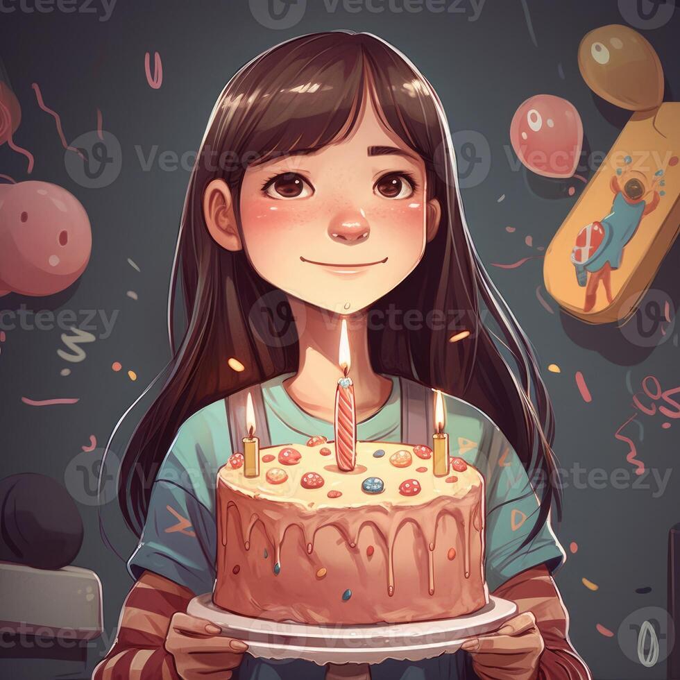 ein Mädchen ist halten ein Kuchen während feiern ein Geburtstag, Karikatur Illustration mit generativ ai foto