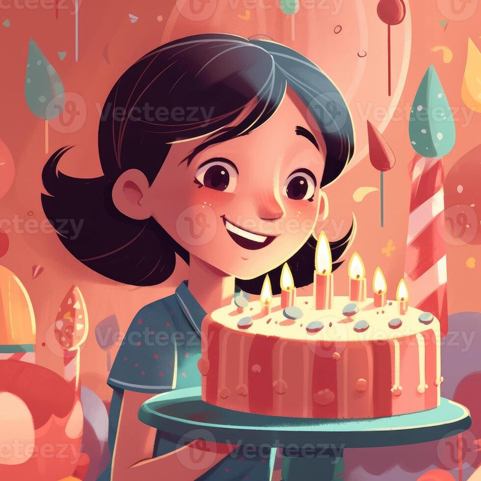 ein Mädchen ist halten ein Kuchen während feiern ein Geburtstag, Karikatur Illustration mit generativ ai foto