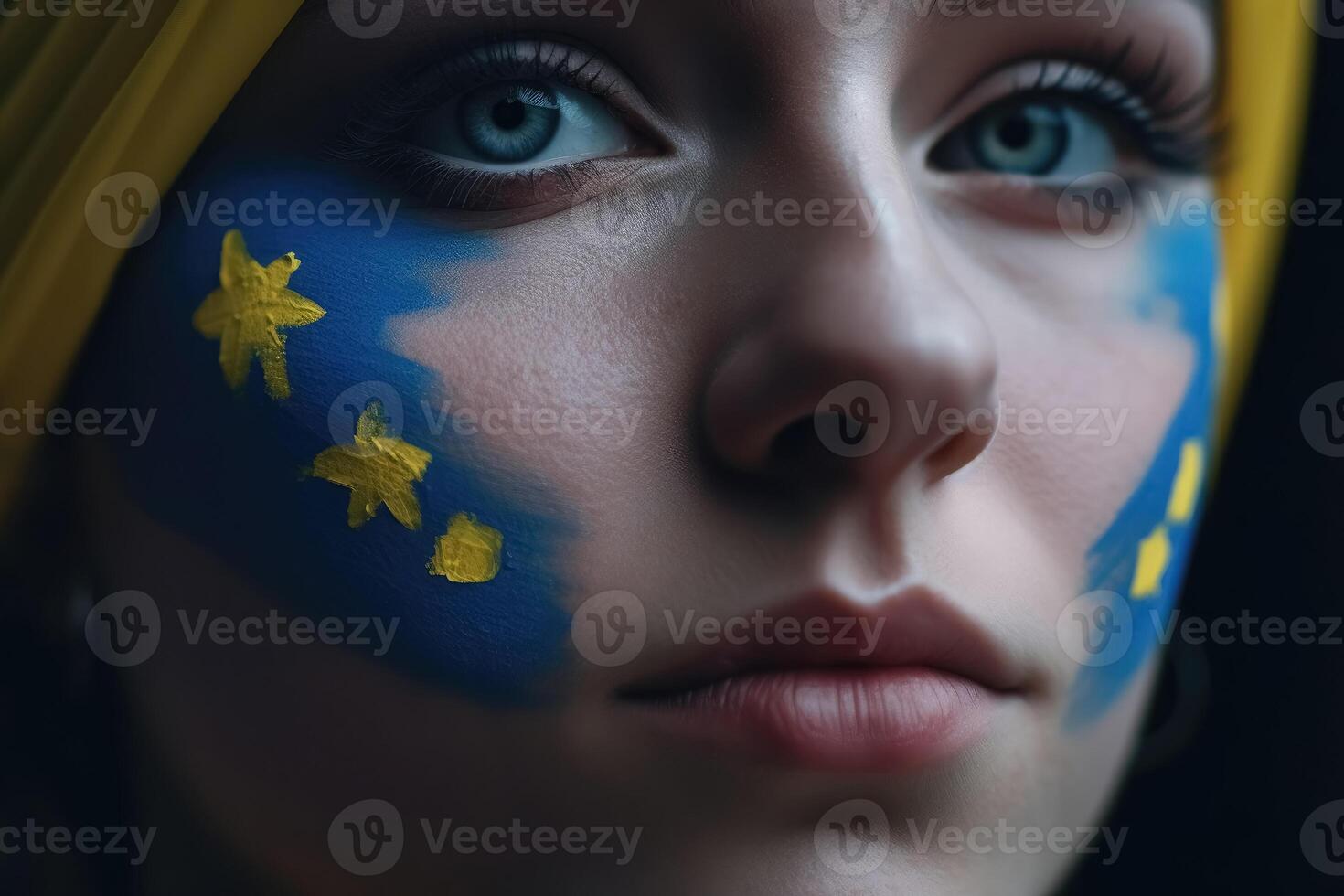 schließen oben von ein weiblich Gesicht mit ukrainisch Farben erstellt mit generativ ai Technologie. foto