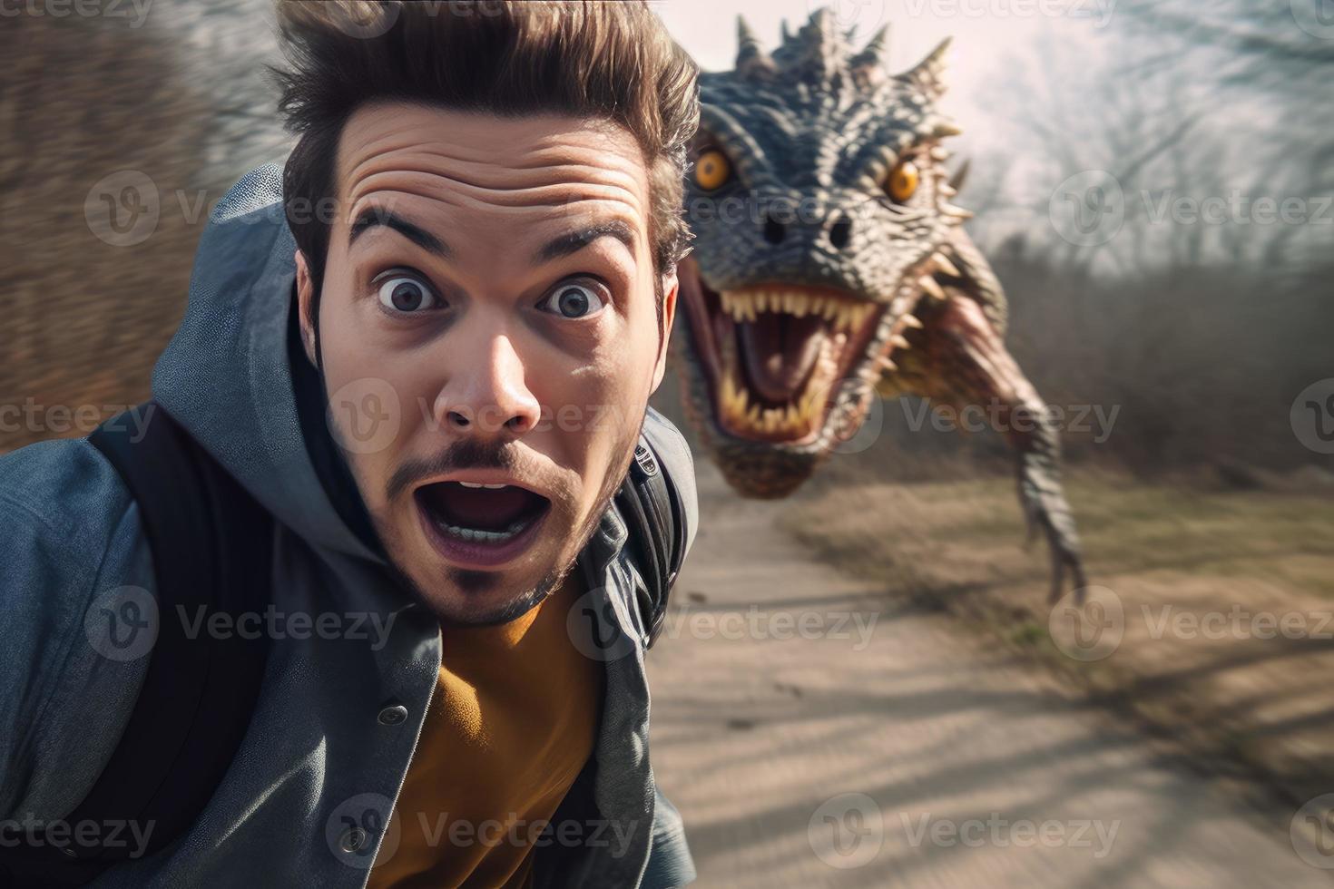 erschrocken Mann machen Selfie mit Monster. generieren ai foto
