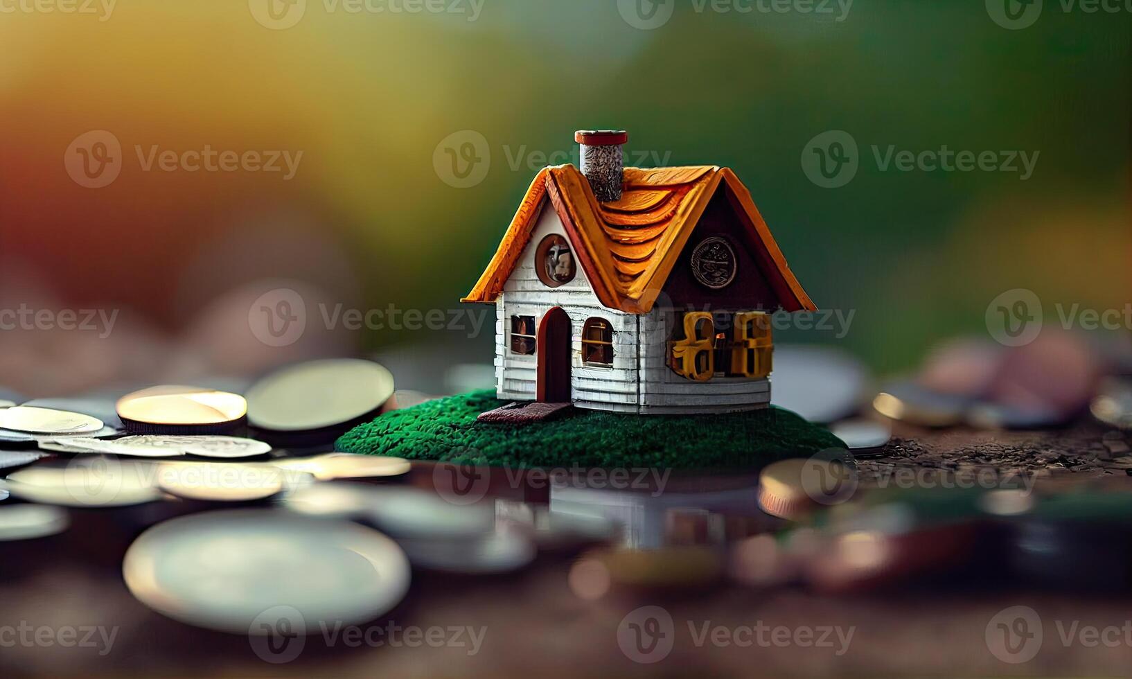 Mini Haus auf ein Stapel von Münzen. Konzept von Investition Eigentum. Miniatur Haus auf Stapel Münzen mit wie Eigentum echt Nachlass und Geschäft finanziell Konzept. generativ ai foto