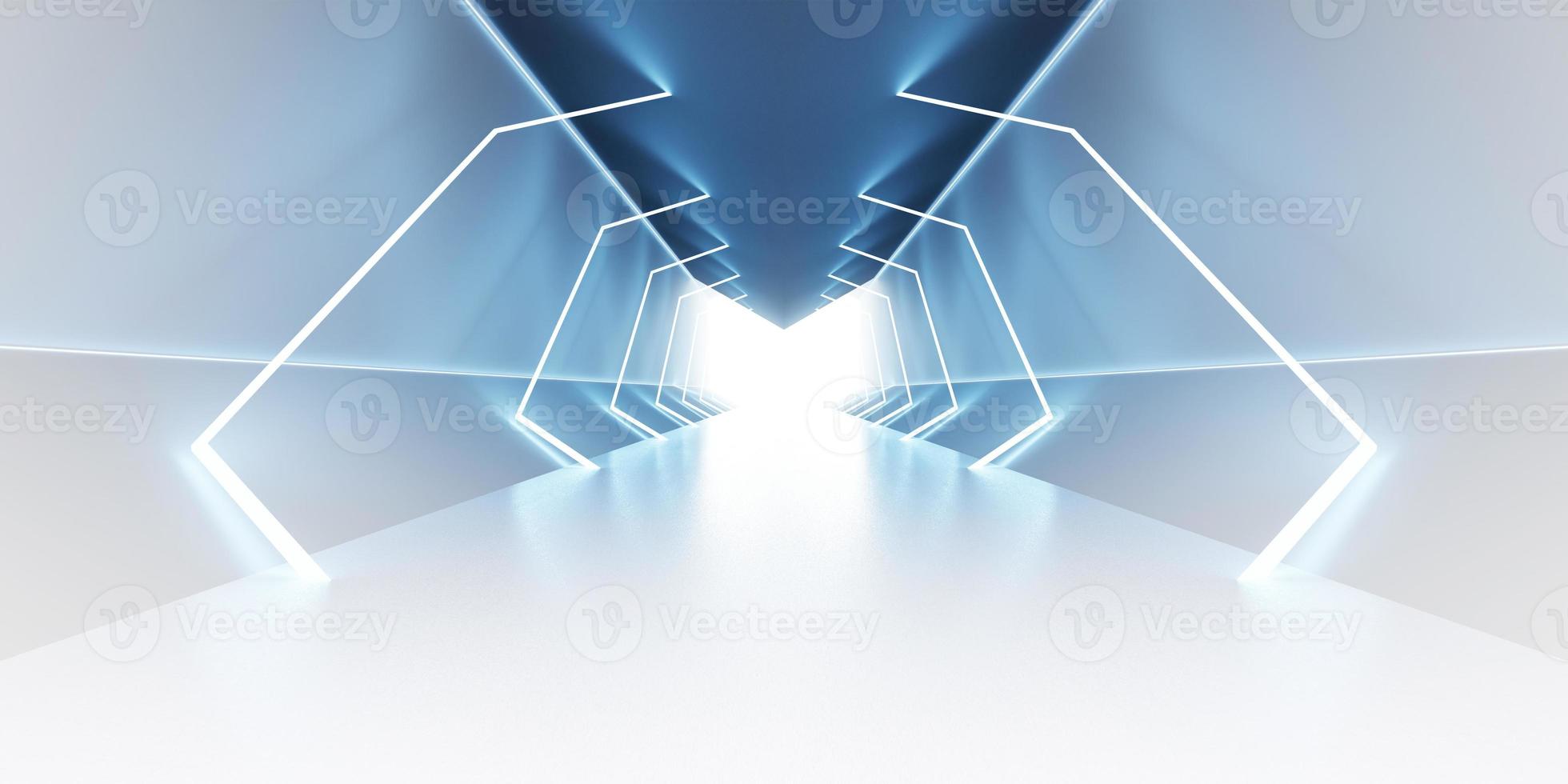 futuristisch Technologie Tunnel Gang Laser- sci fy Neon- glühen Raumschiff leeren Tunnel Kammer glühend Neon- Farbe Hintergrund 3d Illustration foto