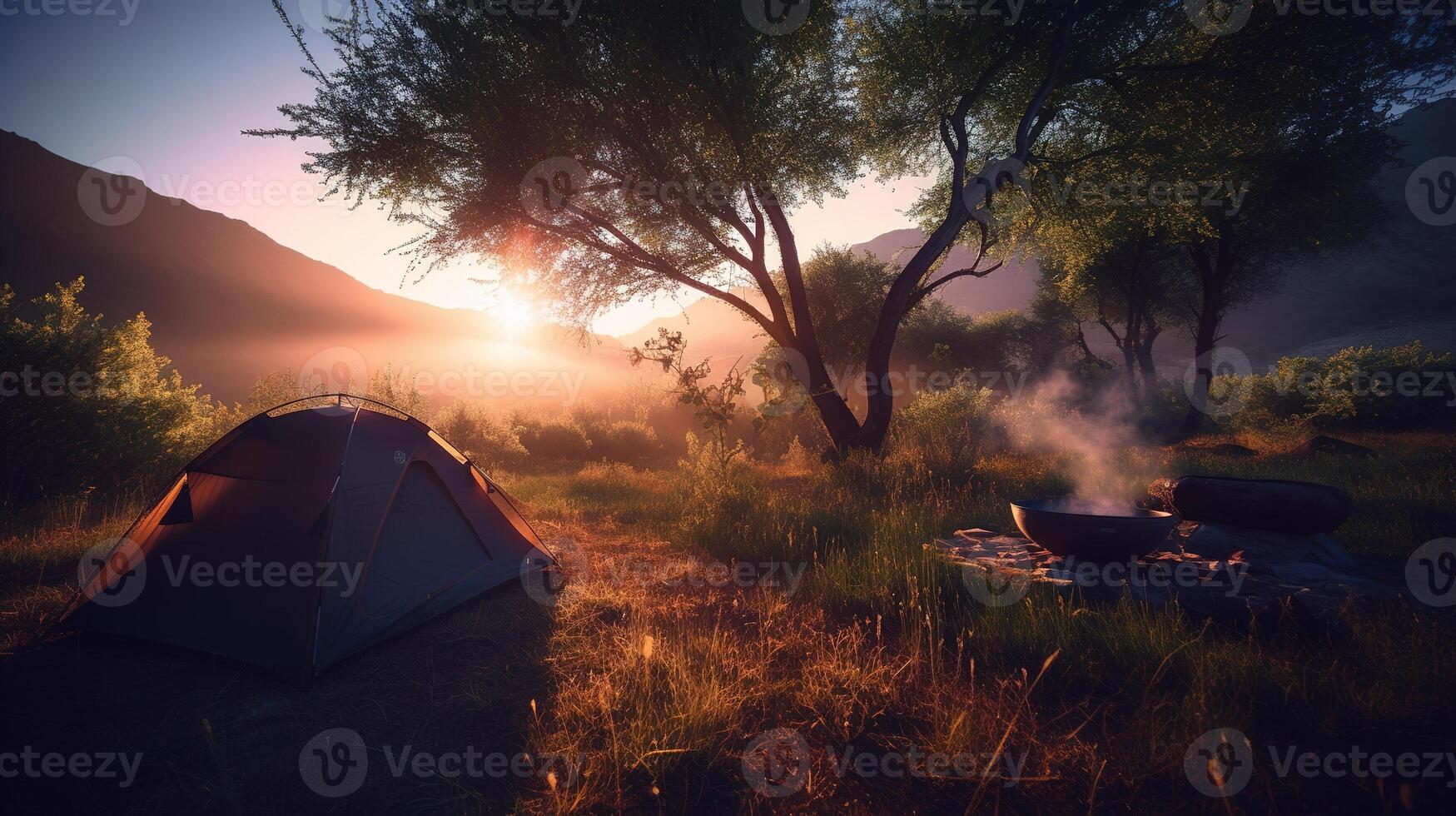 Dämmerung im das wild Camping beim Sonnenaufgang. generativ ai foto