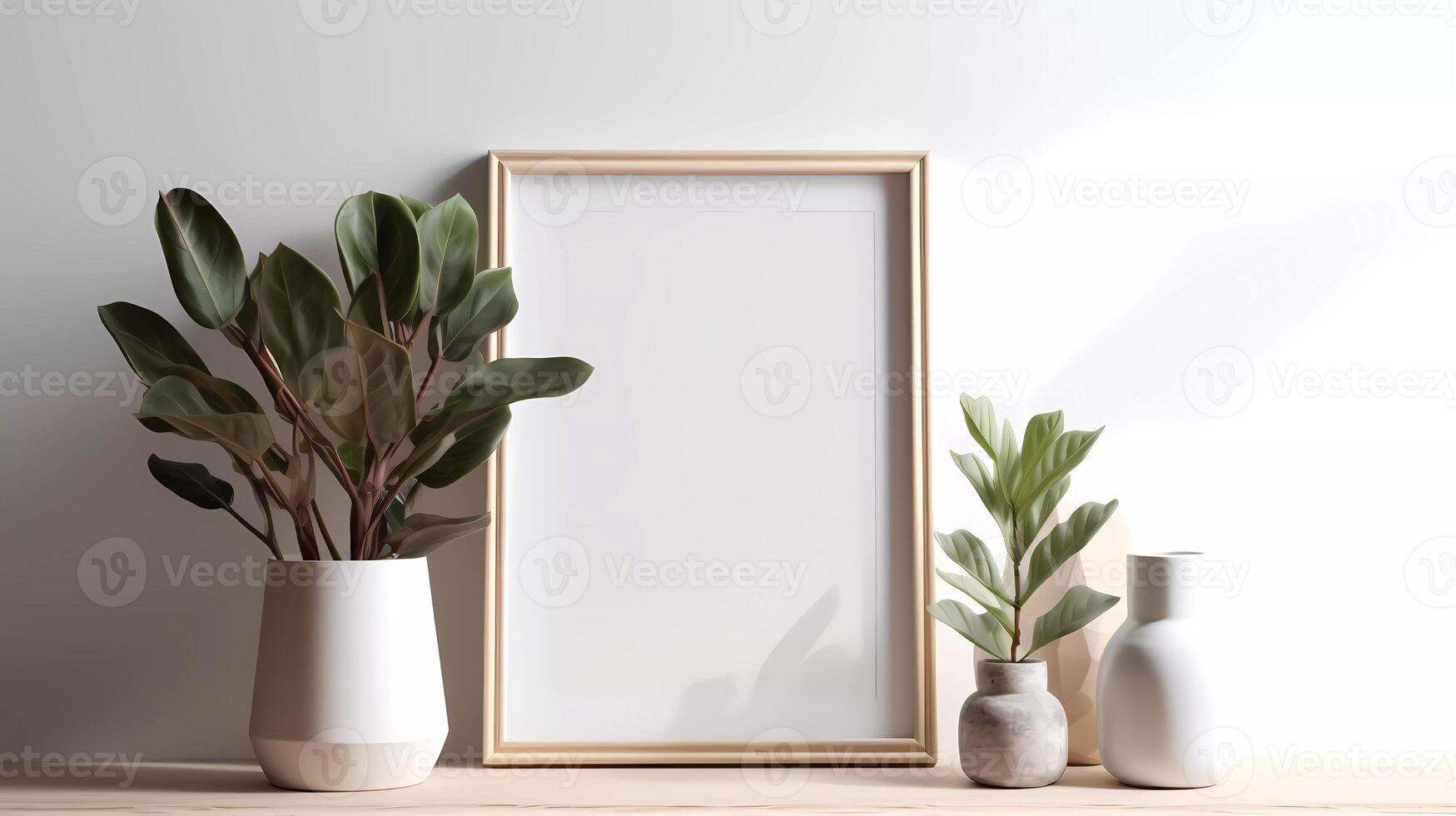 leer Bild Rahmen Attrappe, Lehrmodell, Simulation auf Mauer im modern Innere. Kunstwerk Vorlage spotten oben im Innere Design. Aussicht von modern Boho Stil Innere mit Pflanze im modisch Vase ai generativ foto