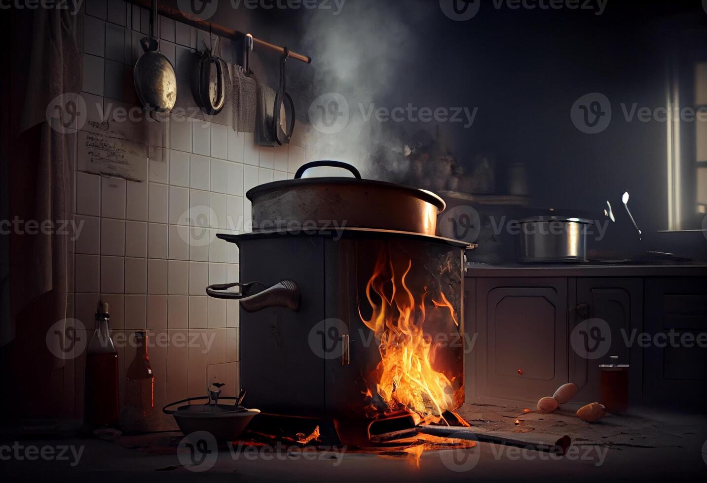 Herd entzündet im das modern Küche während Kochen, Rauch und Ruß um, Feuer beim heim. generieren ai foto