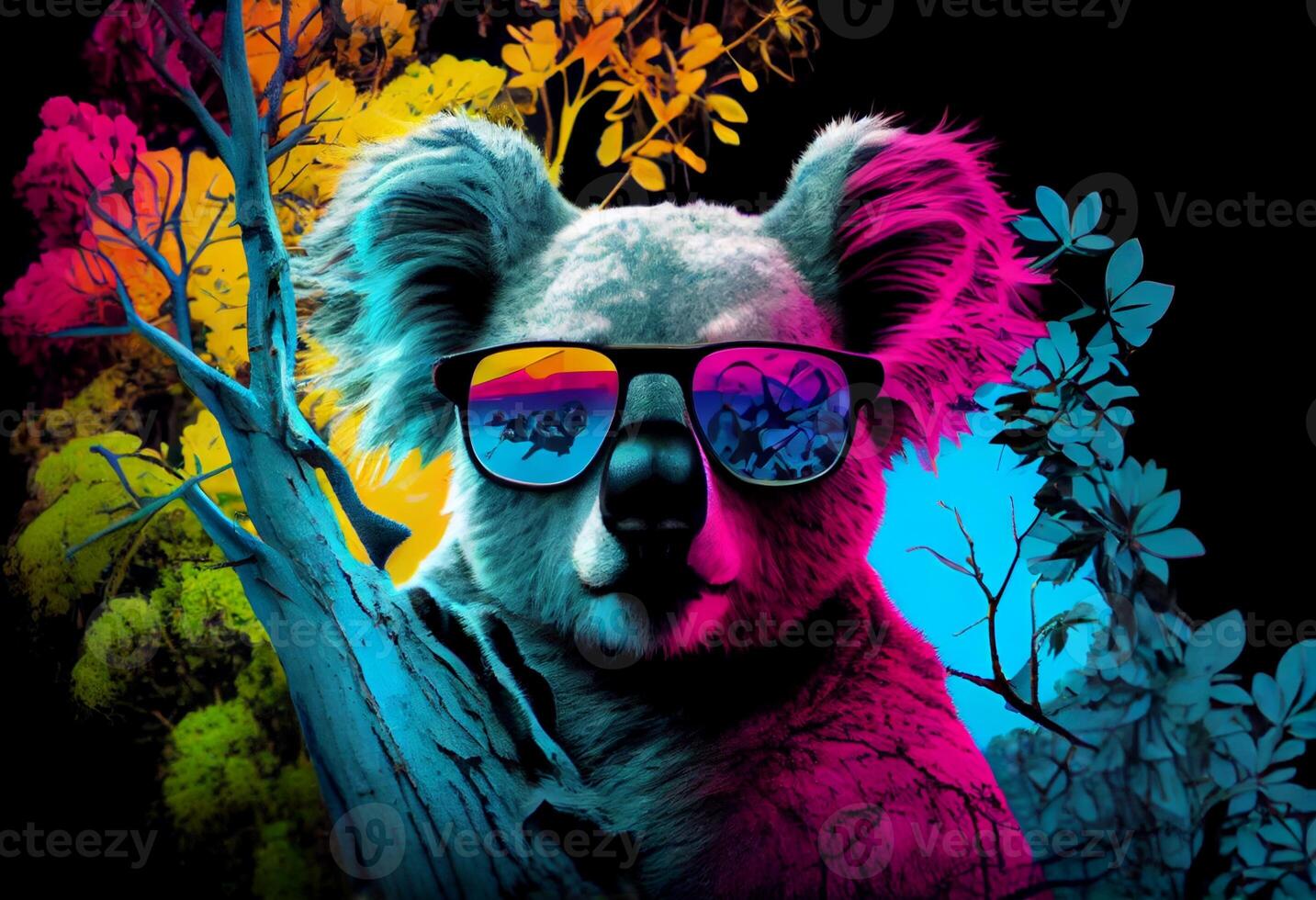 ein groß Koala tragen Sonnenbrille Sitzung auf oben von ein Baum, Neofauvismus, bunt. generieren ai foto