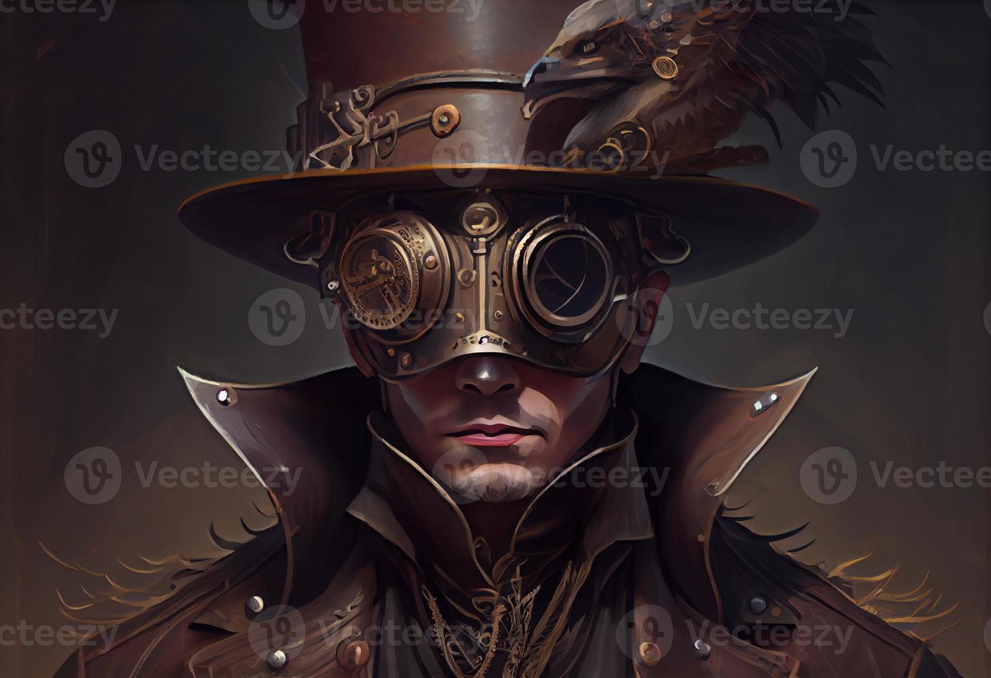 ein Mann tragen ein Steampunk Hut und ein Steampunk Maske, Fantasie Kunst, Dampfpunk. generieren ai foto