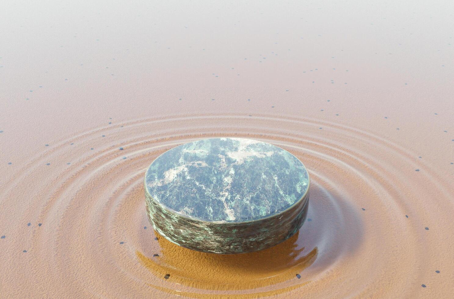 Produkt aus grünem Marmor steht auf kristallklarem Wasser mit Wellen darunter, Modell-3D-Rendering foto