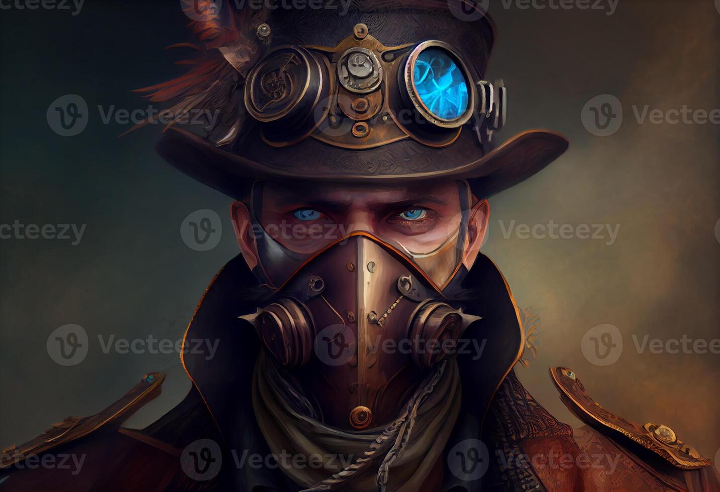 ein Mann tragen ein Steampunk Hut und ein Steampunk Maske, Fantasie Kunst, Dampfpunk. generieren ai foto