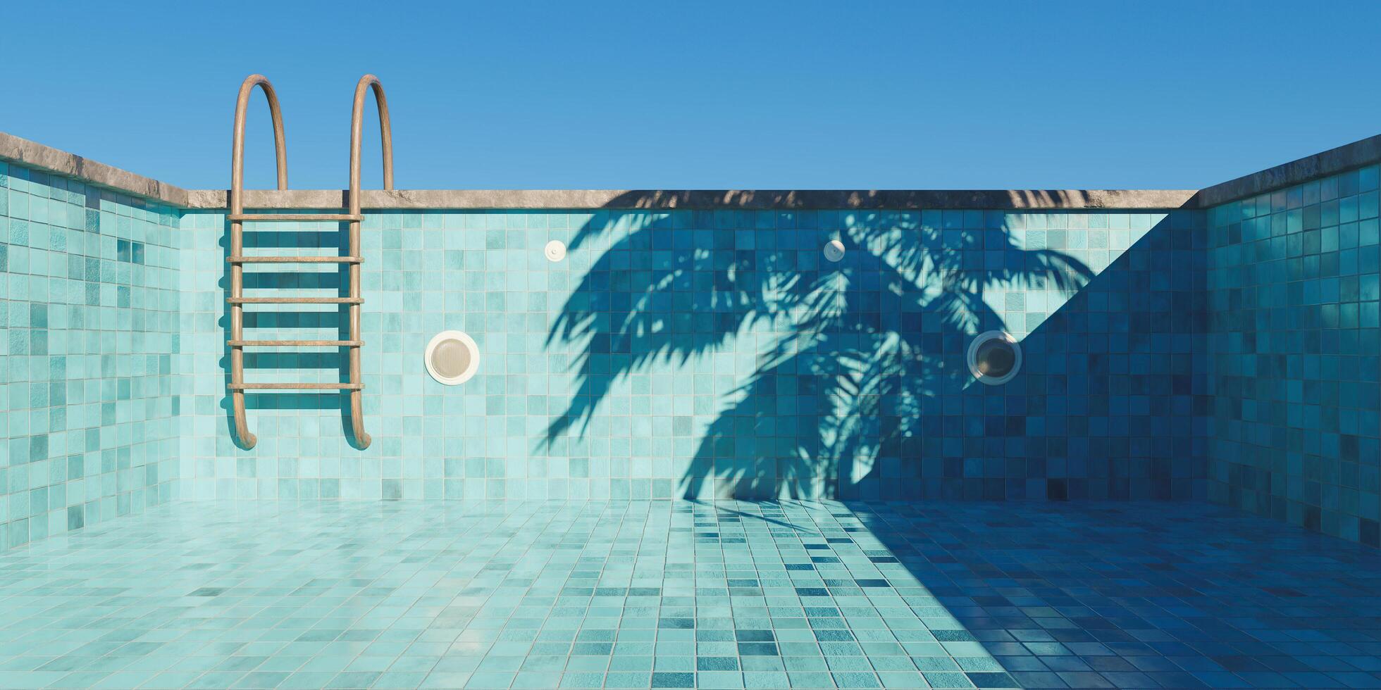 leerer Pool mit rostigen Treppen und Fliesenboden. Konzept Beginn des Sommers, 3D-Rendering foto