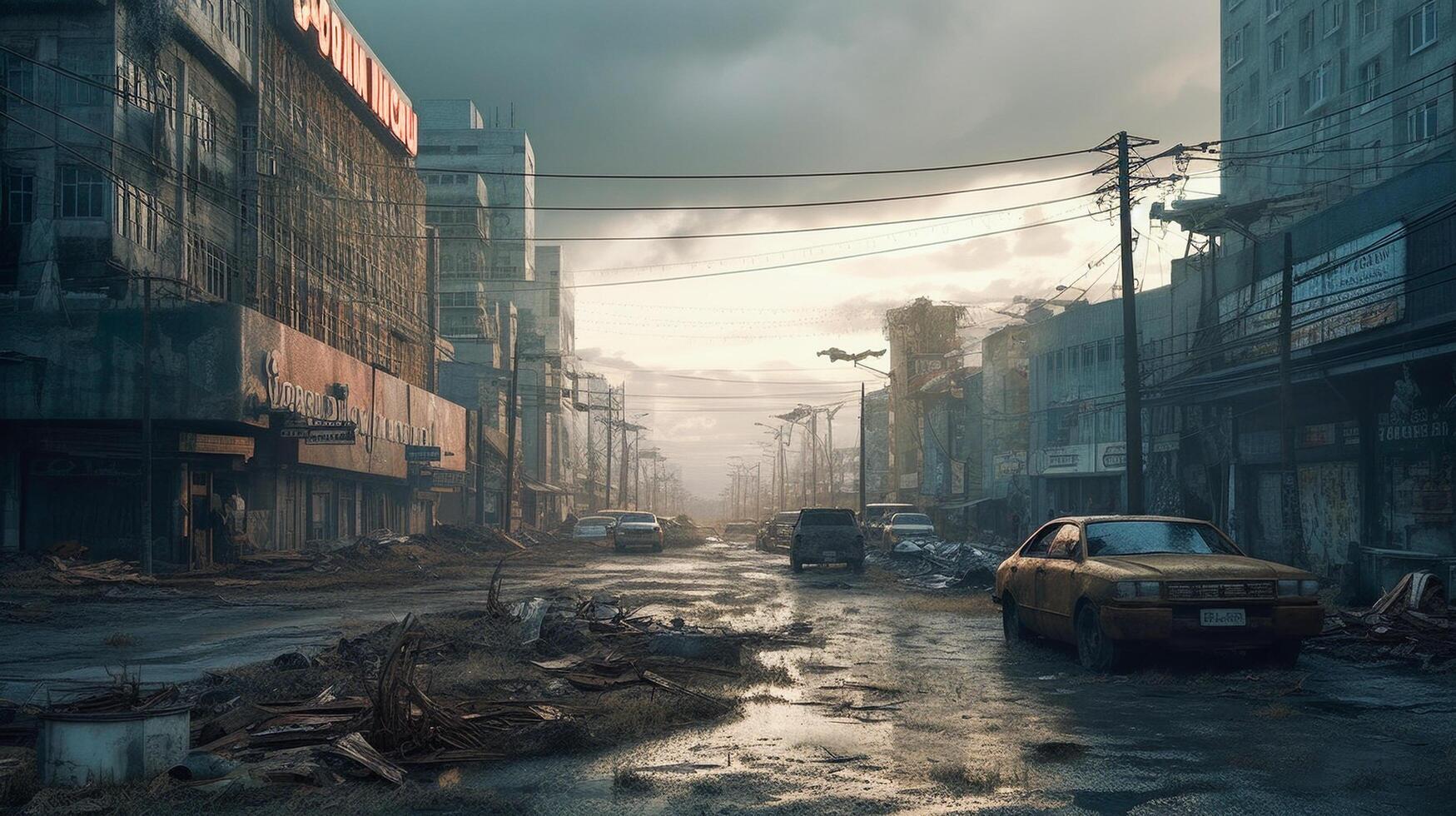 Post-apokalyptischen ruiniert Stadt. zerstört Gebäude, ausgebrannt Fahrzeuge und ruiniert Straßen. ai generativ foto